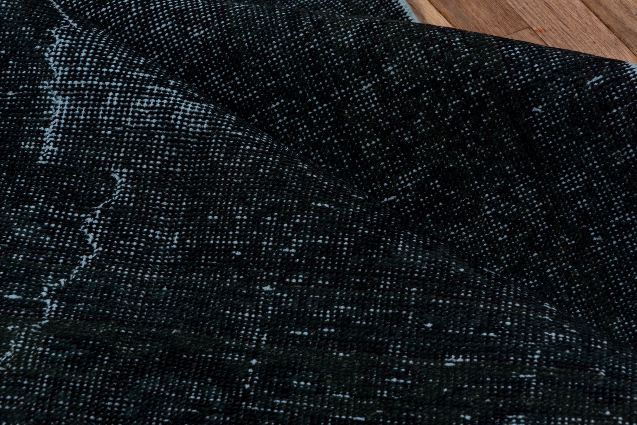 4' x 11' one-of-a-kind handmade vintage Overdyed runner rug. Color palette: charcoal, slate, blue, ivory, gray, black
