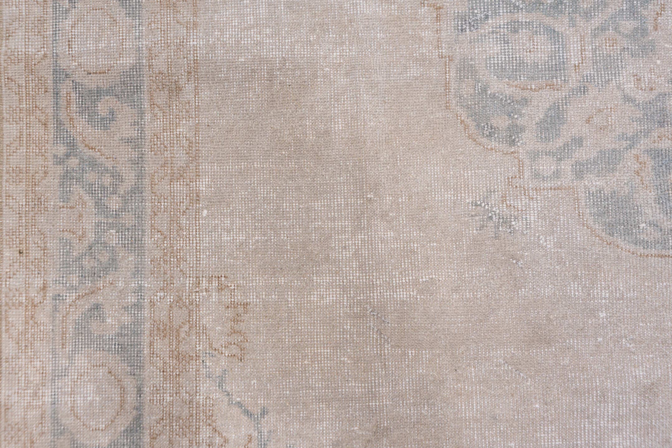 7' x 10' one-of-a-kind handmade vintage Oushak large size rug. Color palette: ivory, beige, taupe, pale blue, sand
