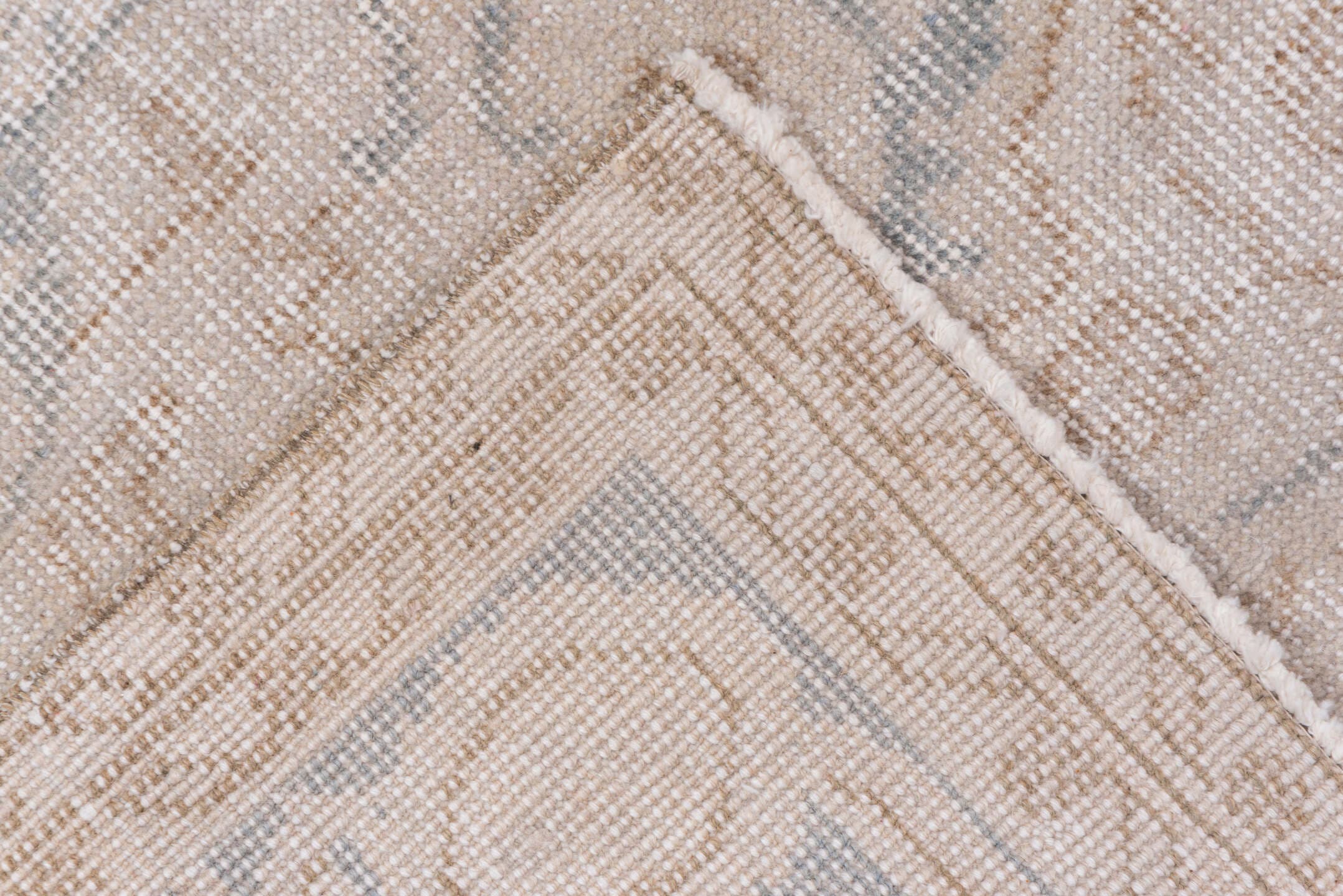 7' x 10' one-of-a-kind handmade vintage Oushak large size rug. Color palette: ivory, beige, taupe, pale blue, sand