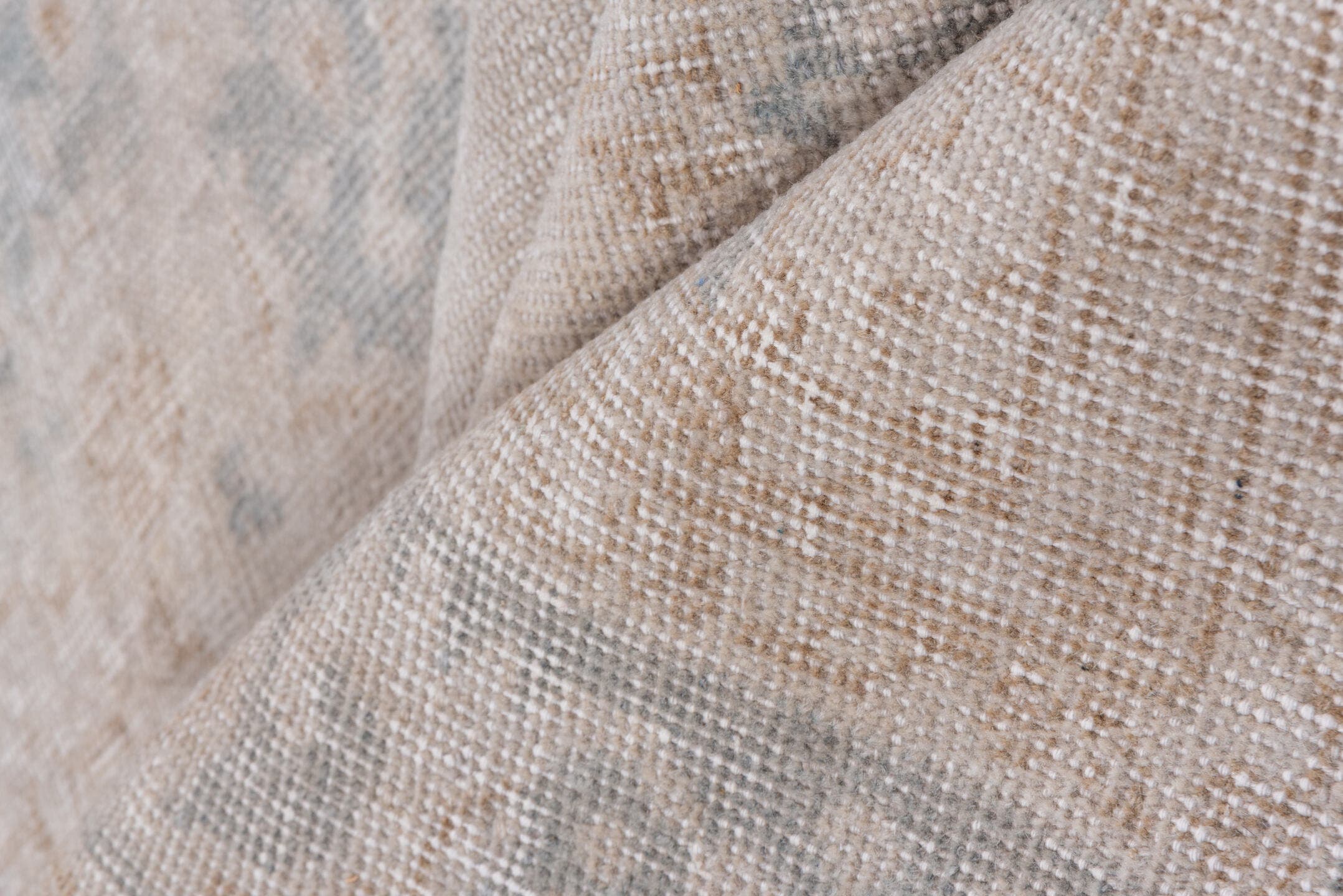 7' x 10' one-of-a-kind handmade vintage Oushak large size rug. Color palette: ivory, beige, taupe, pale blue, sand