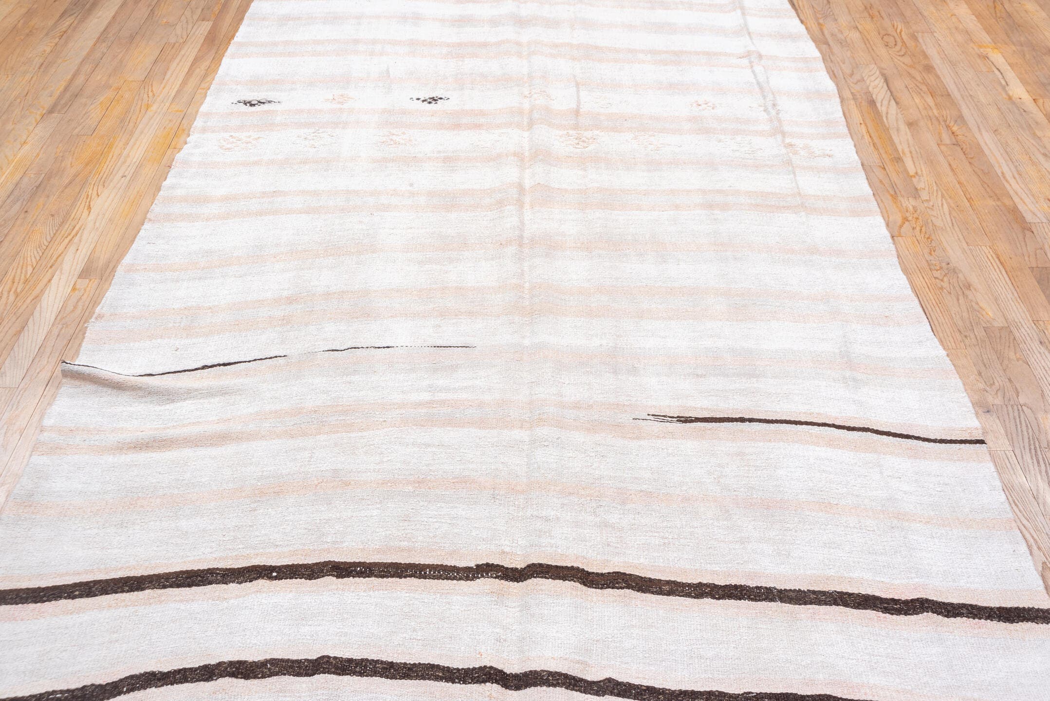 6' x 12' one-of-a-kind handmade vintage Hemp Kilim large size rug. Color palette: ivory, cream, sand, charcoal, taupe, camel