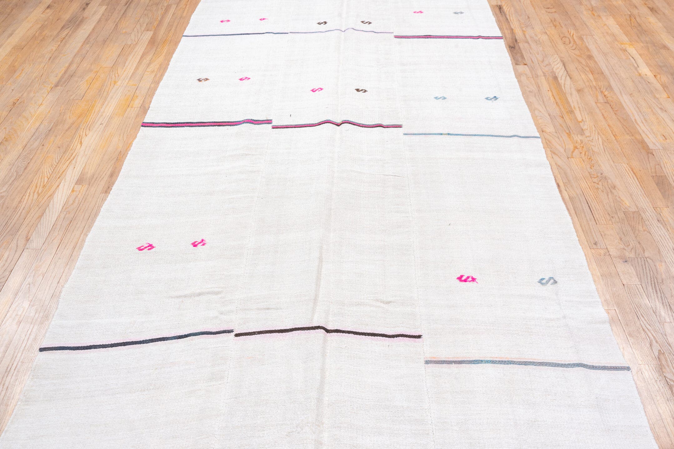 5' x 14' one-of-a-kind handmade vintage Hemp Kilim rug. Color palette: ivory, charcoal, pink, gray, soft_blue, black