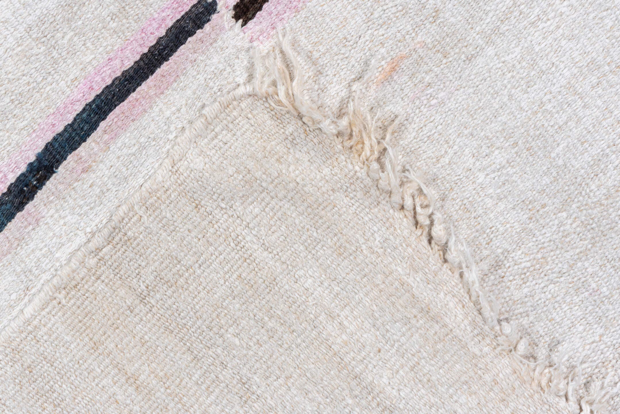 5' x 14' one-of-a-kind handmade vintage Hemp Kilim rug. Color palette: ivory, charcoal, pink, gray, soft_blue, black