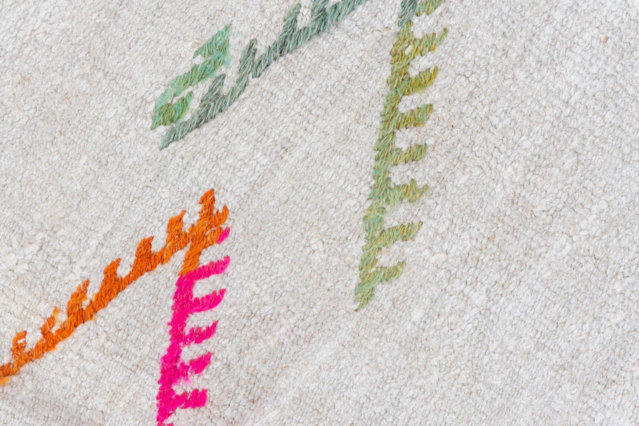 5' x 13' one-of-a-kind handmade vintage Hemp Kilim rug. Color palette: ivory, sage, orange, pink, taupe, olive, green