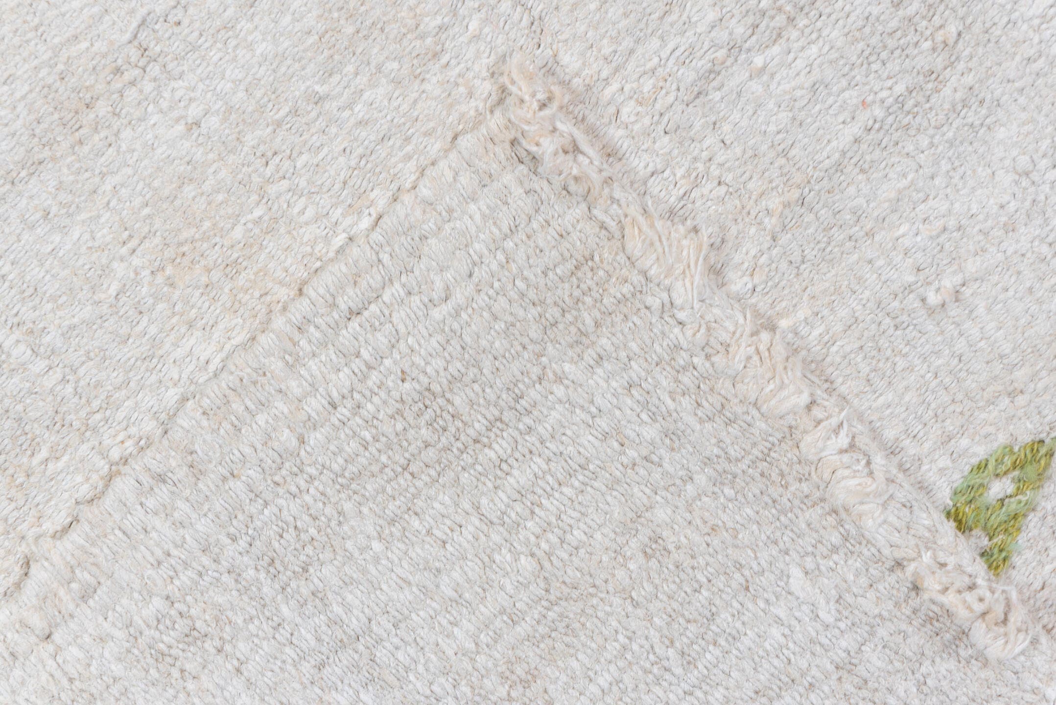 5' x 13' one-of-a-kind handmade vintage Hemp Kilim rug. Color palette: ivory, sage, orange, pink, taupe, olive, green