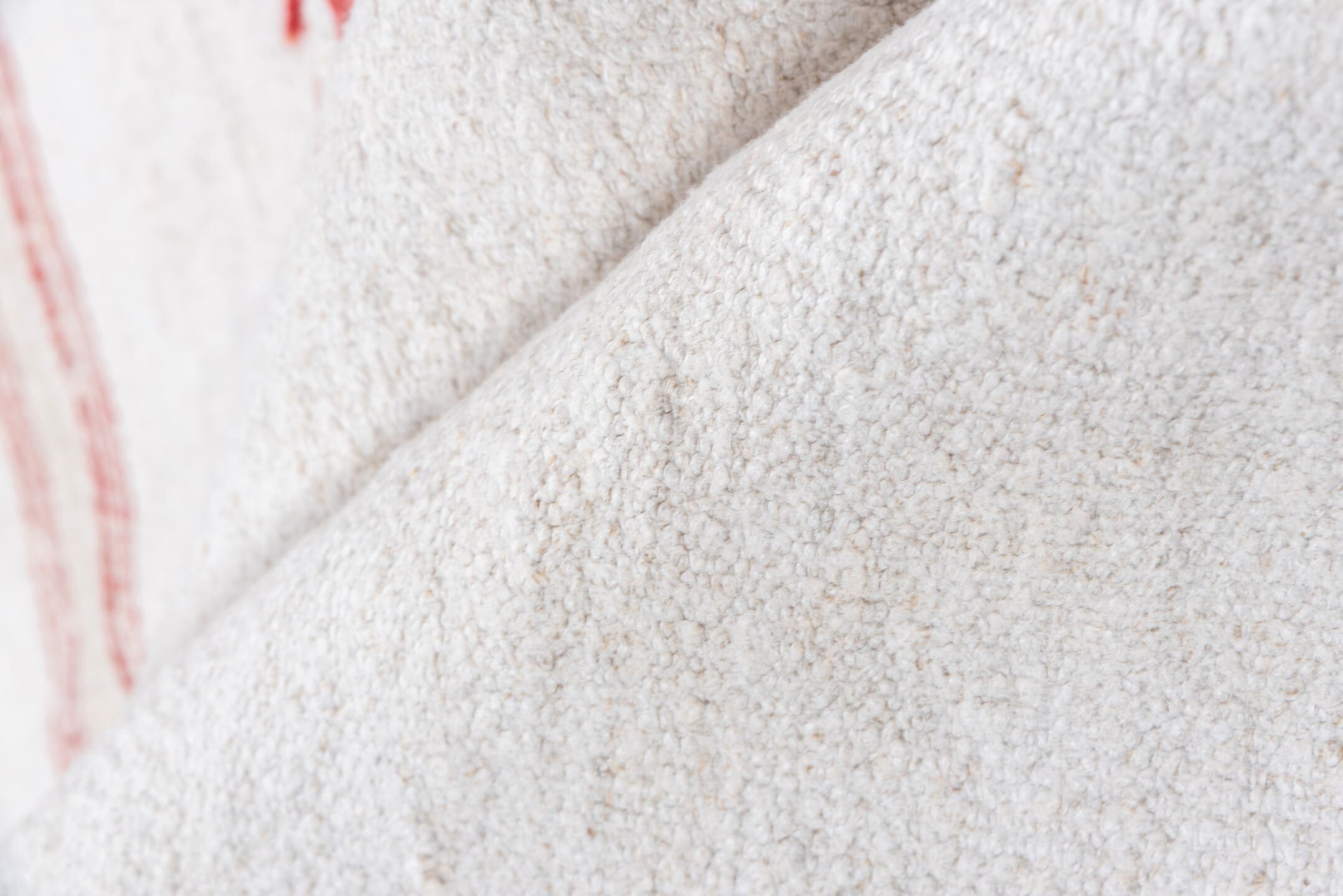 5' x 12' one-of-a-kind handmade vintage Hemp Kilim rug. Color palette: ivory, red, cream