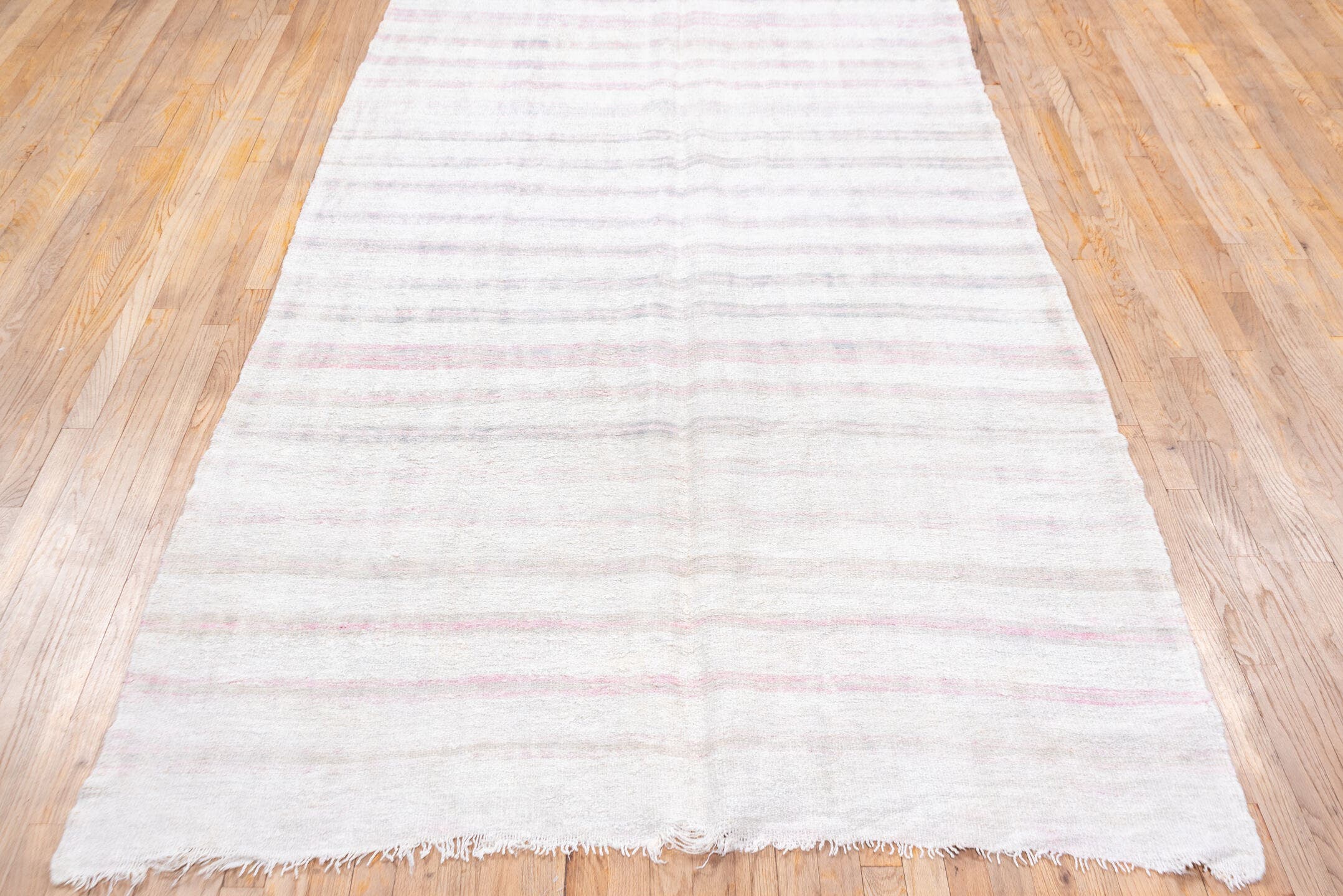 5' x 14' one-of-a-kind handmade vintage Hemp Kilim rug. Color palette: ivory, blush, pale gray, lavender, taupe, pink