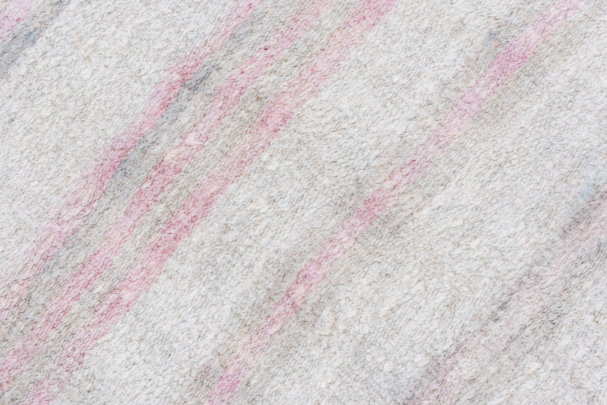 5' x 14' one-of-a-kind handmade vintage Hemp Kilim rug. Color palette: ivory, blush, pale gray, lavender, taupe, pink