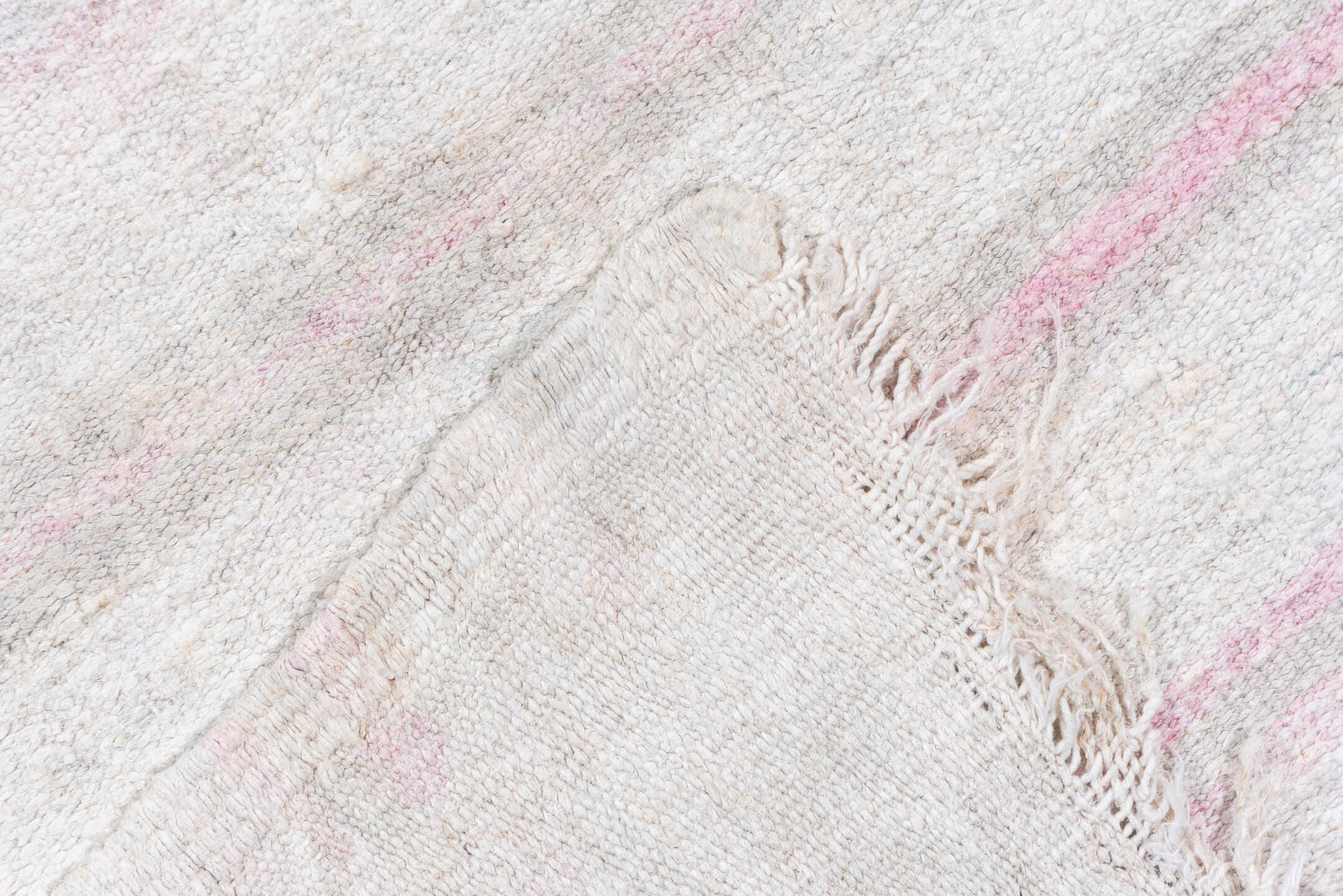 5' x 14' one-of-a-kind handmade vintage Hemp Kilim rug. Color palette: ivory, blush, pale gray, lavender, taupe, pink