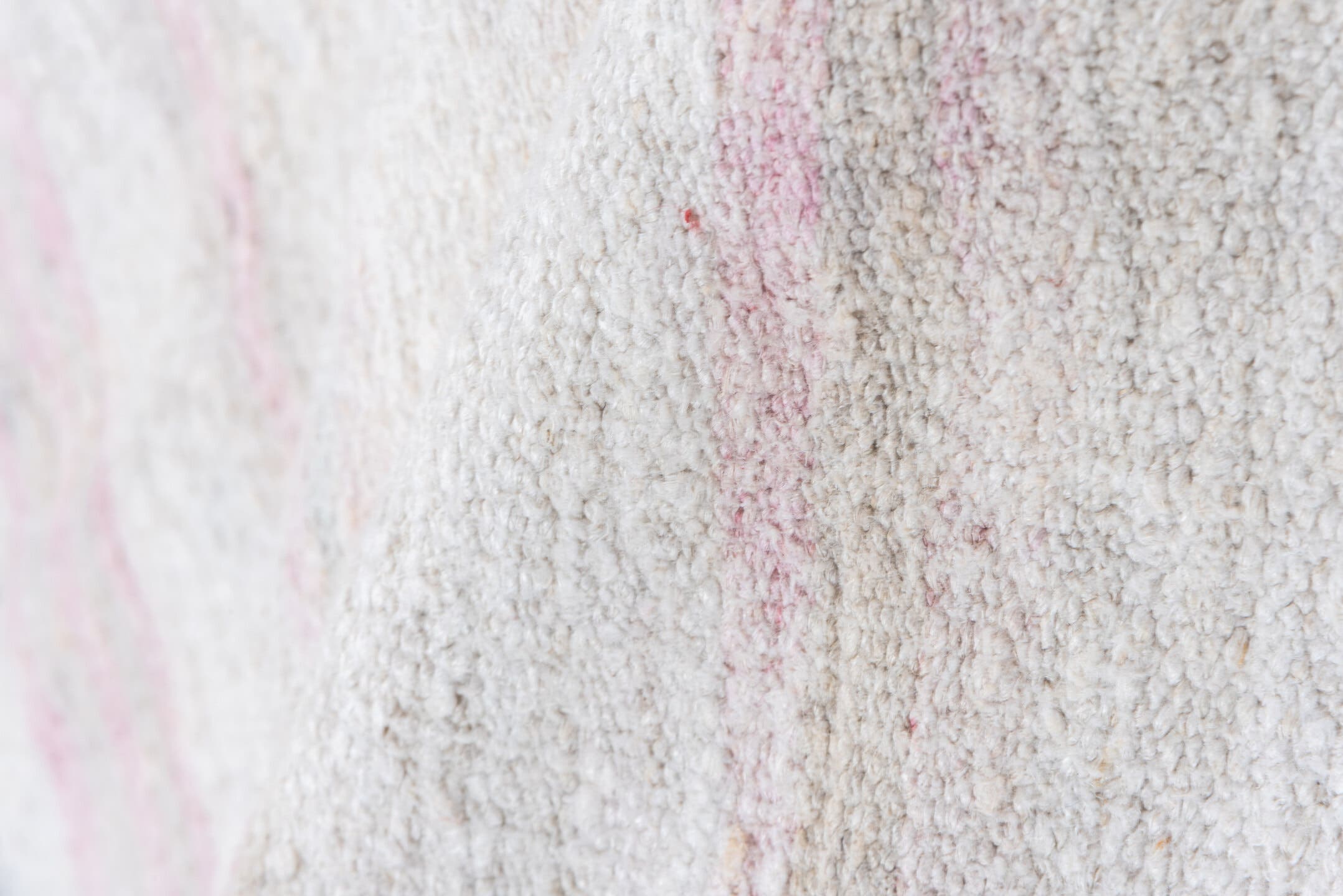 5' x 14' one-of-a-kind handmade vintage Hemp Kilim rug. Color palette: ivory, blush, pale gray, lavender, taupe, pink
