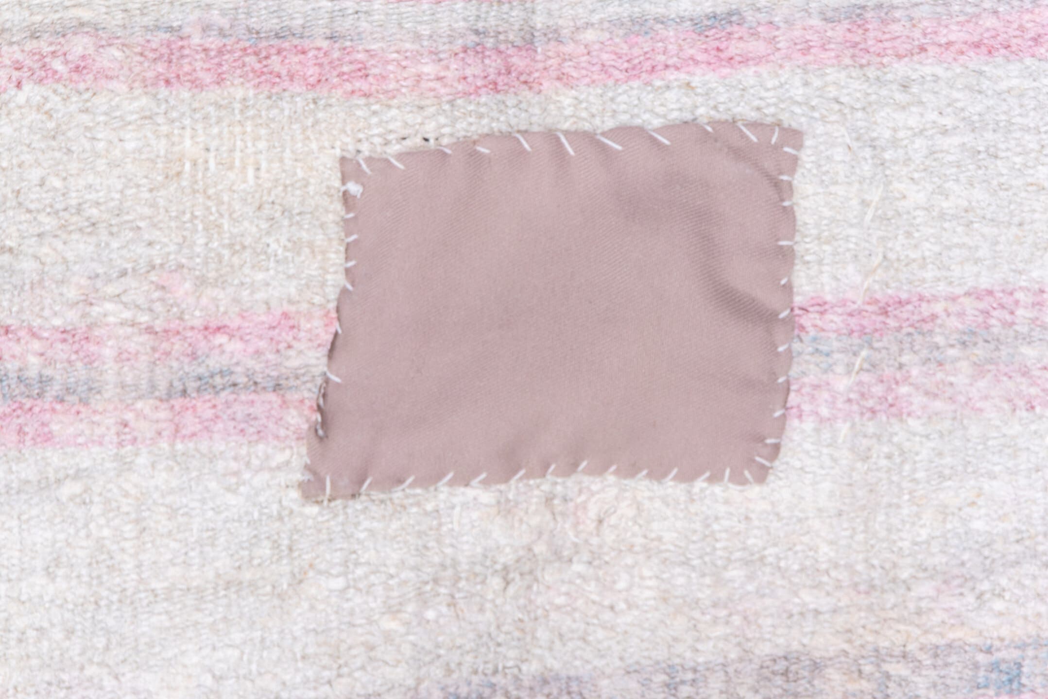 5' x 14' one-of-a-kind handmade vintage Hemp Kilim rug. Color palette: ivory, blush, pale gray, lavender, taupe, pink