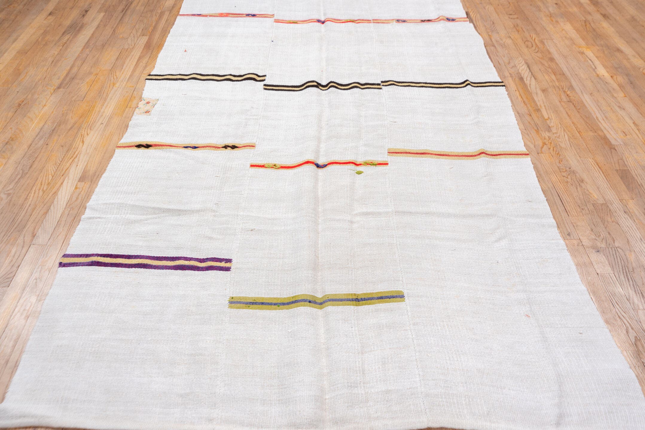 6' x 14' one-of-a-kind handmade vintage Hemp Kilim large size rug. Color palette: ivory, charcoal, rust, gold, indigo