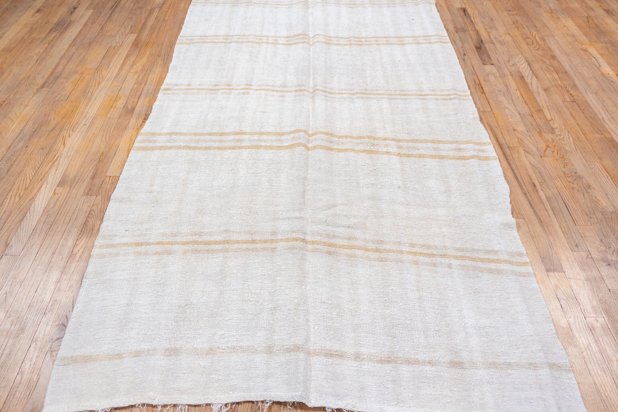 5' x 12' one-of-a-kind handmade vintage Hemp Kilim rug. Color palette: ivory, camel, cream, taupe, beige, gray