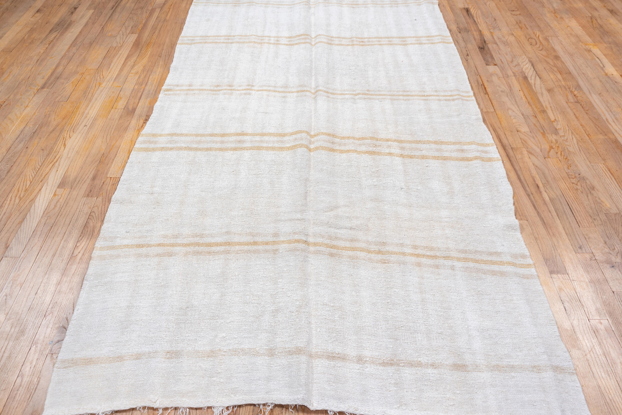 5' x 12' one-of-a-kind handmade vintage Hemp Kilim rug. Color palette: ivory, camel, cream, taupe, beige, gray