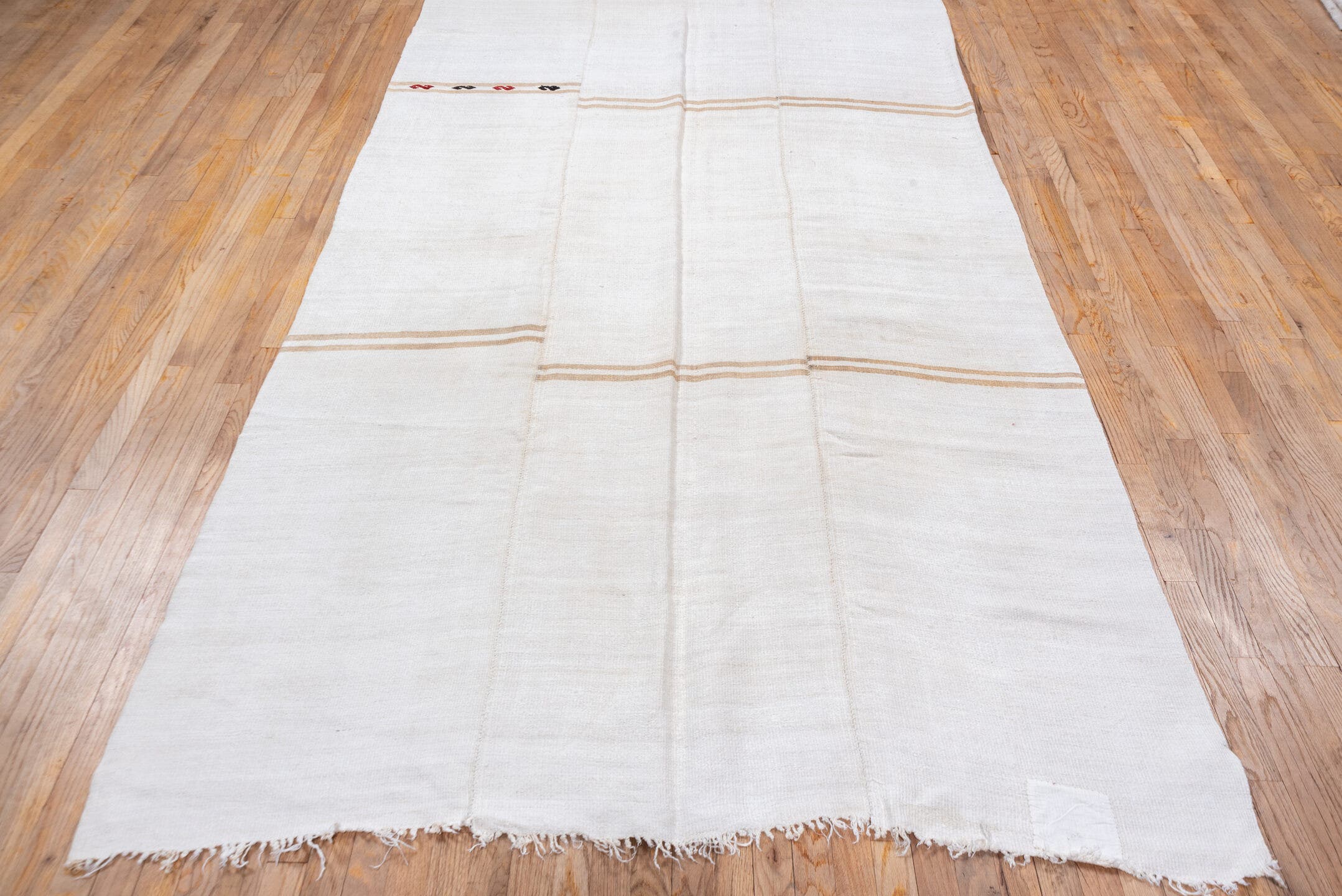 5' x 14' one-of-a-kind handmade vintage Hemp Kilim rug. Color palette: ivory, cream, camel, taupe, burgundy, charcoal, beige