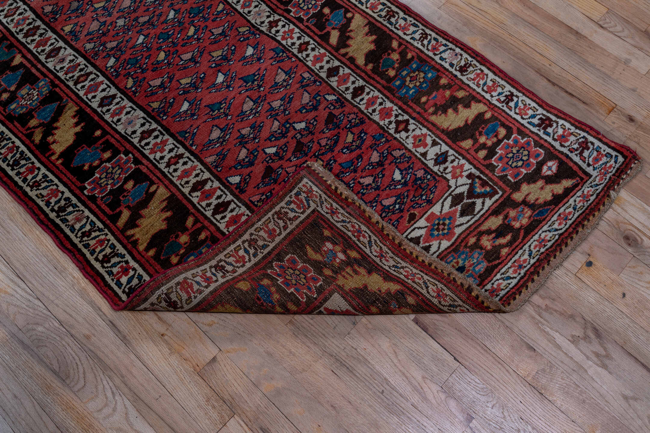 2' x 14' one-of-a-kind handmade vintage Kurd Bidjar runner rug. Color palette: brown, gray, off-white, pink, red, snow