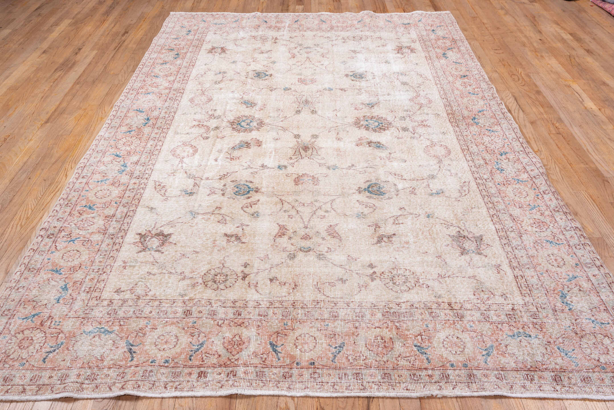 6' x 10' one-of-a-kind handmade antique Sparta large size rug. Color palette: ivory, blush, dusty rose, pale blue, cream