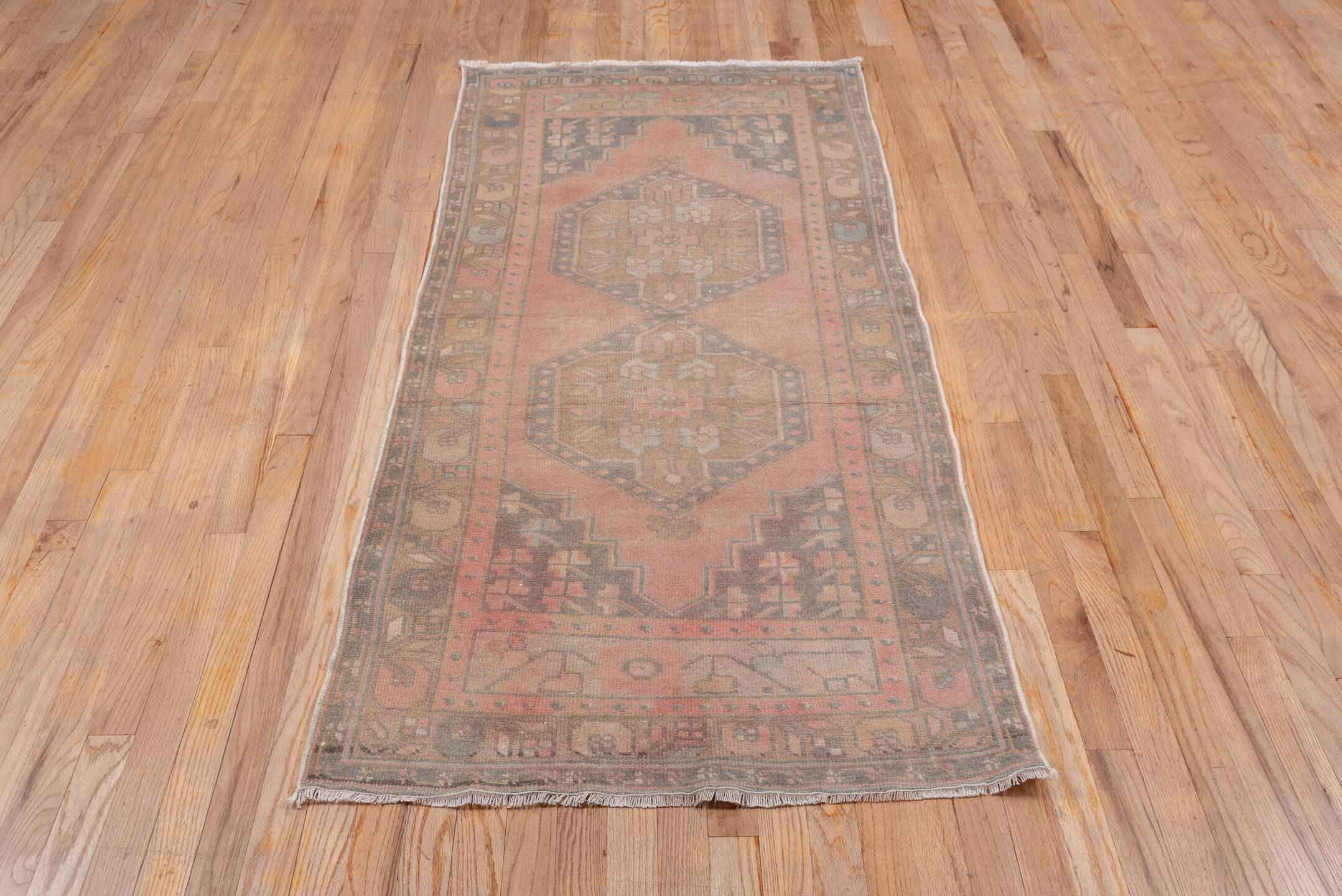 2' x 6' one-of-a-kind handmade vintage Oushak runner rug. Color palette: brown, gray, light gray, off-white, pink, snow