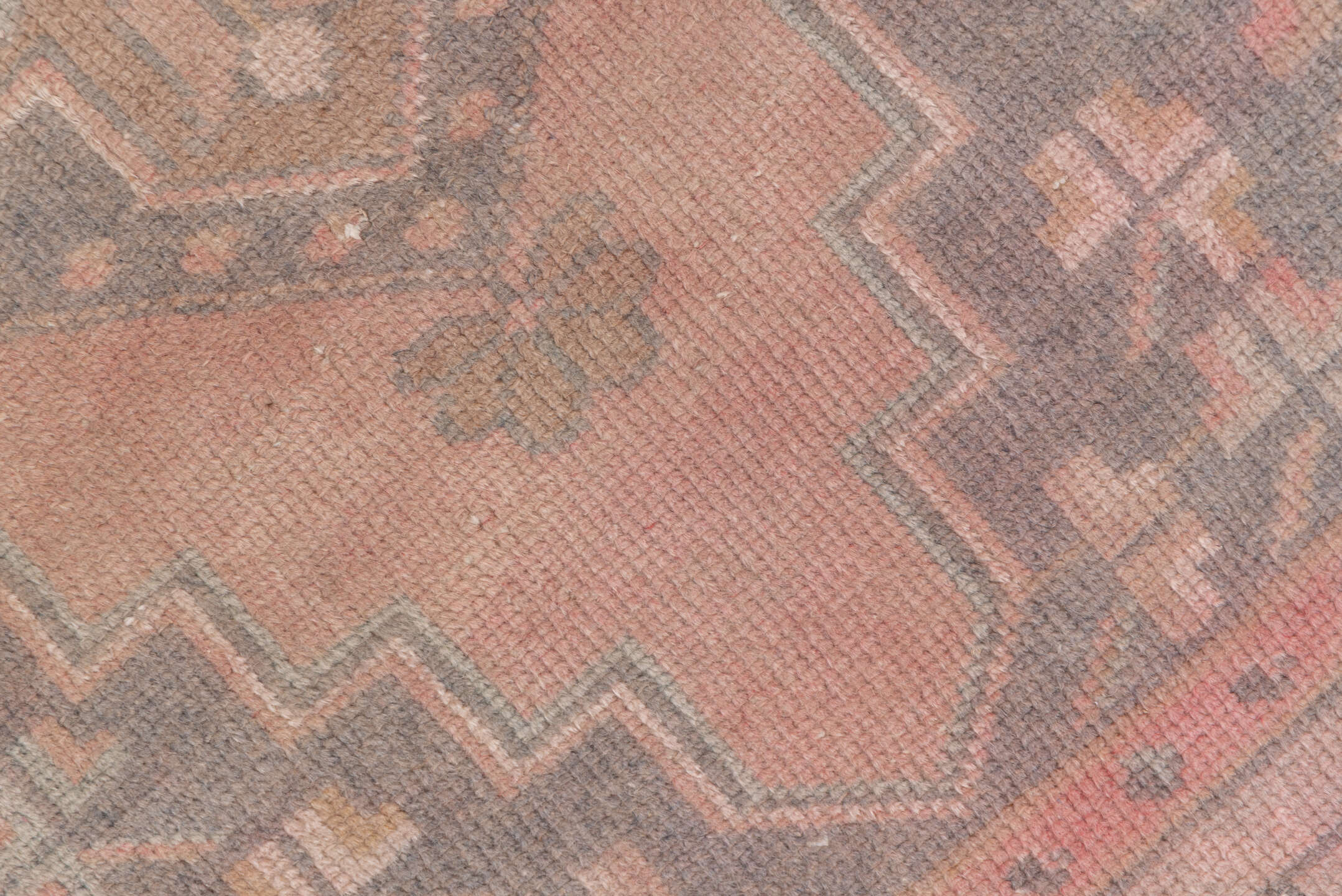 2' x 6' one-of-a-kind handmade vintage Oushak runner rug. Color palette: brown, gray, light gray, off-white, pink, snow