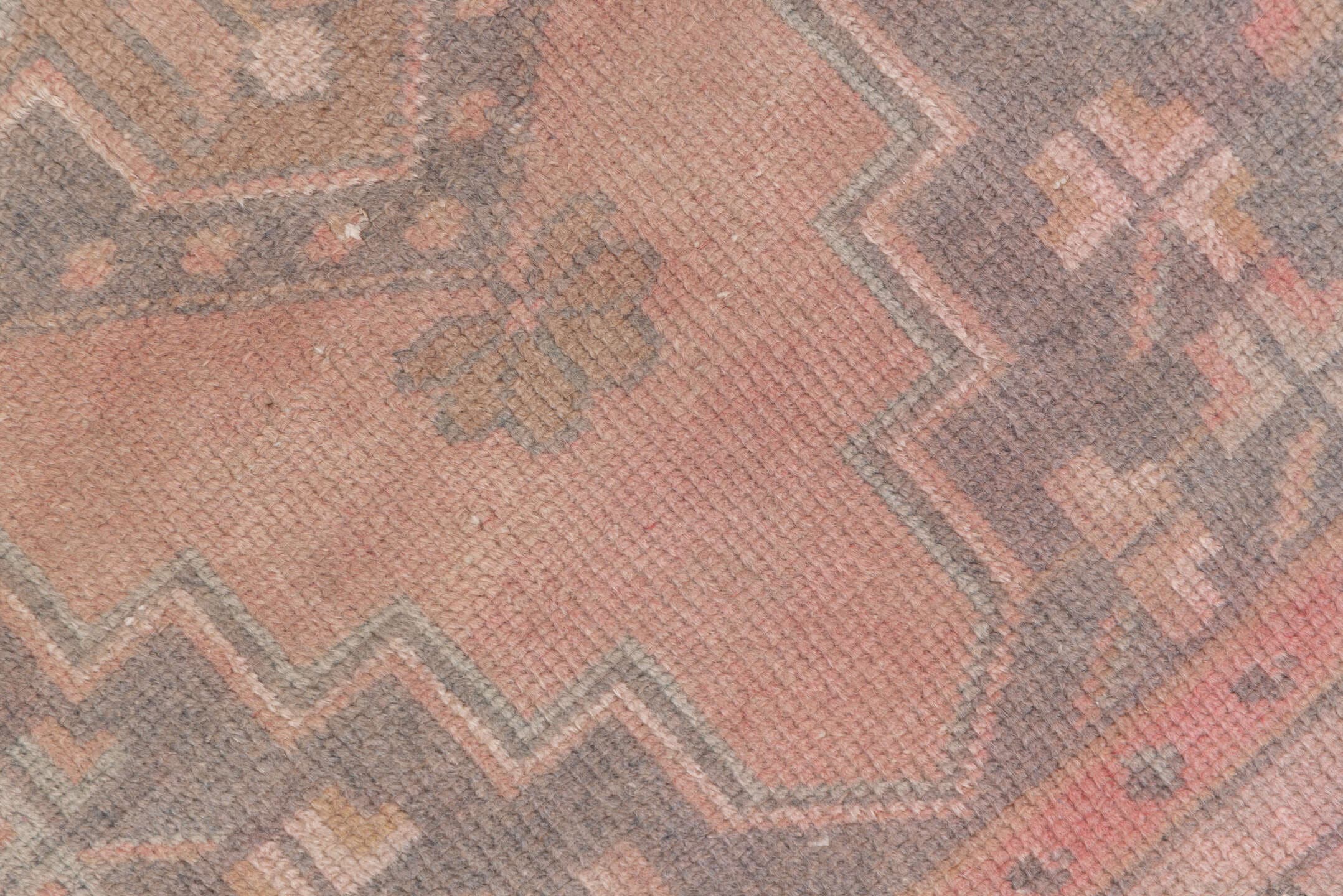 2' x 6' one-of-a-kind handmade antique Oushak runner rug. Color palette: rose, taupe, brown, charcoal, peach, ivory, sage