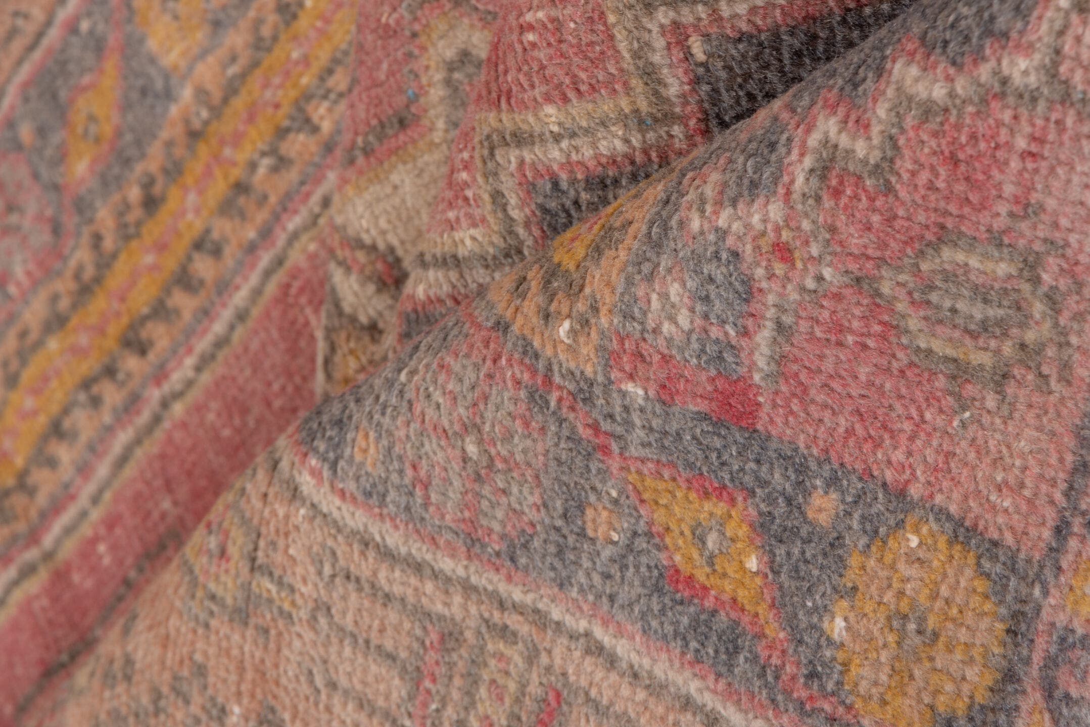 4' x 7' one-of-a-kind handmade antique Oushak rug. Color palette: rose, taupe, slate, ivory, gold, terra cotta, dusty blue