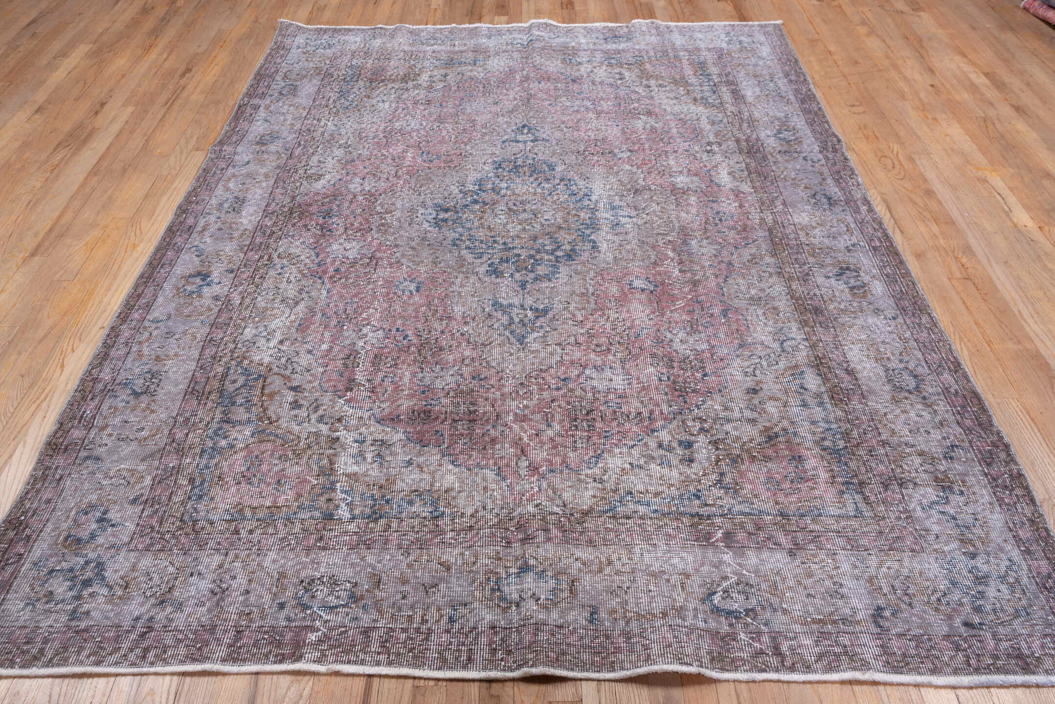 6' x 9' one-of-a-kind handmade antique Overdyed medium size rug. Color palette: rose, ivory, taupe, dusty blue, blush, beige
