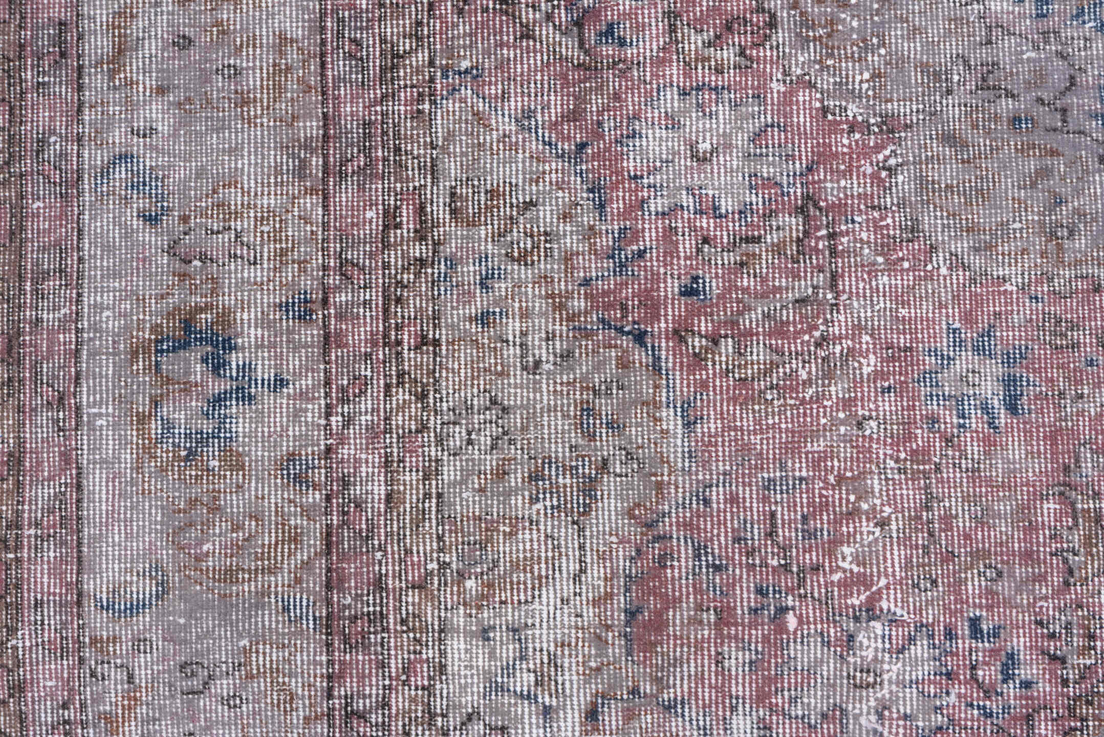 6' x 9' one-of-a-kind handmade antique Overdyed medium size rug. Color palette: rose, ivory, taupe, dusty blue, blush, beige