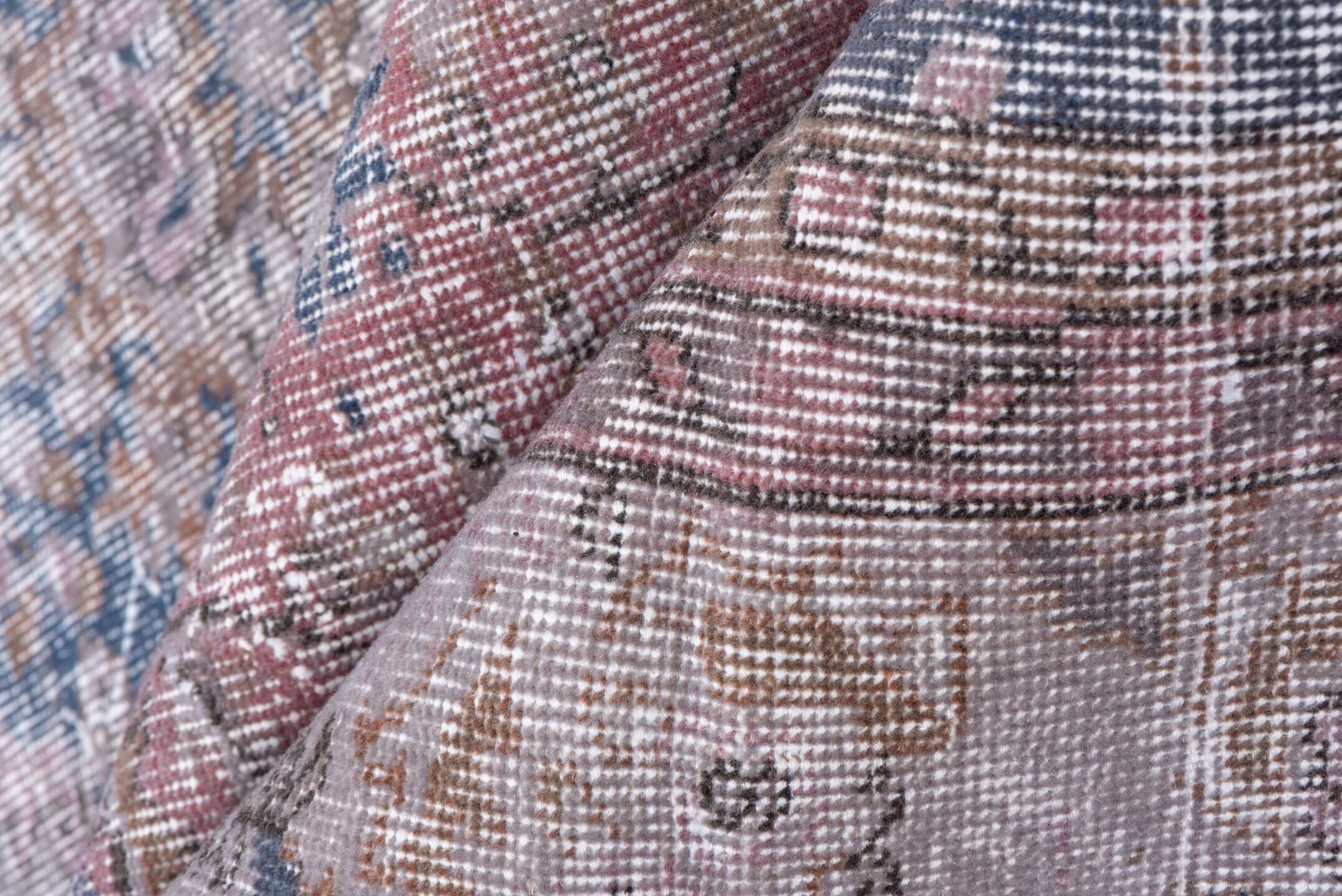 6' x 9' one-of-a-kind handmade antique Overdyed medium size rug. Color palette: rose, ivory, taupe, dusty blue, blush, beige