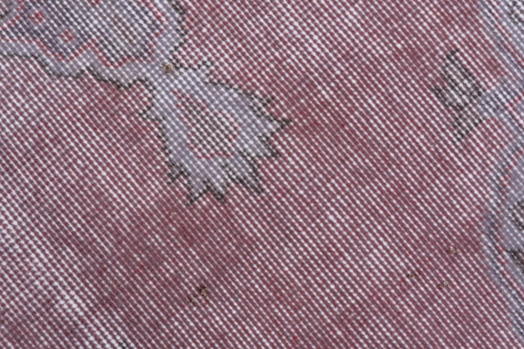 3' x 7' one-of-a-kind handmade vintage Overdyed rug. Color palette: dark gray, gray, light gray, off-white, pink