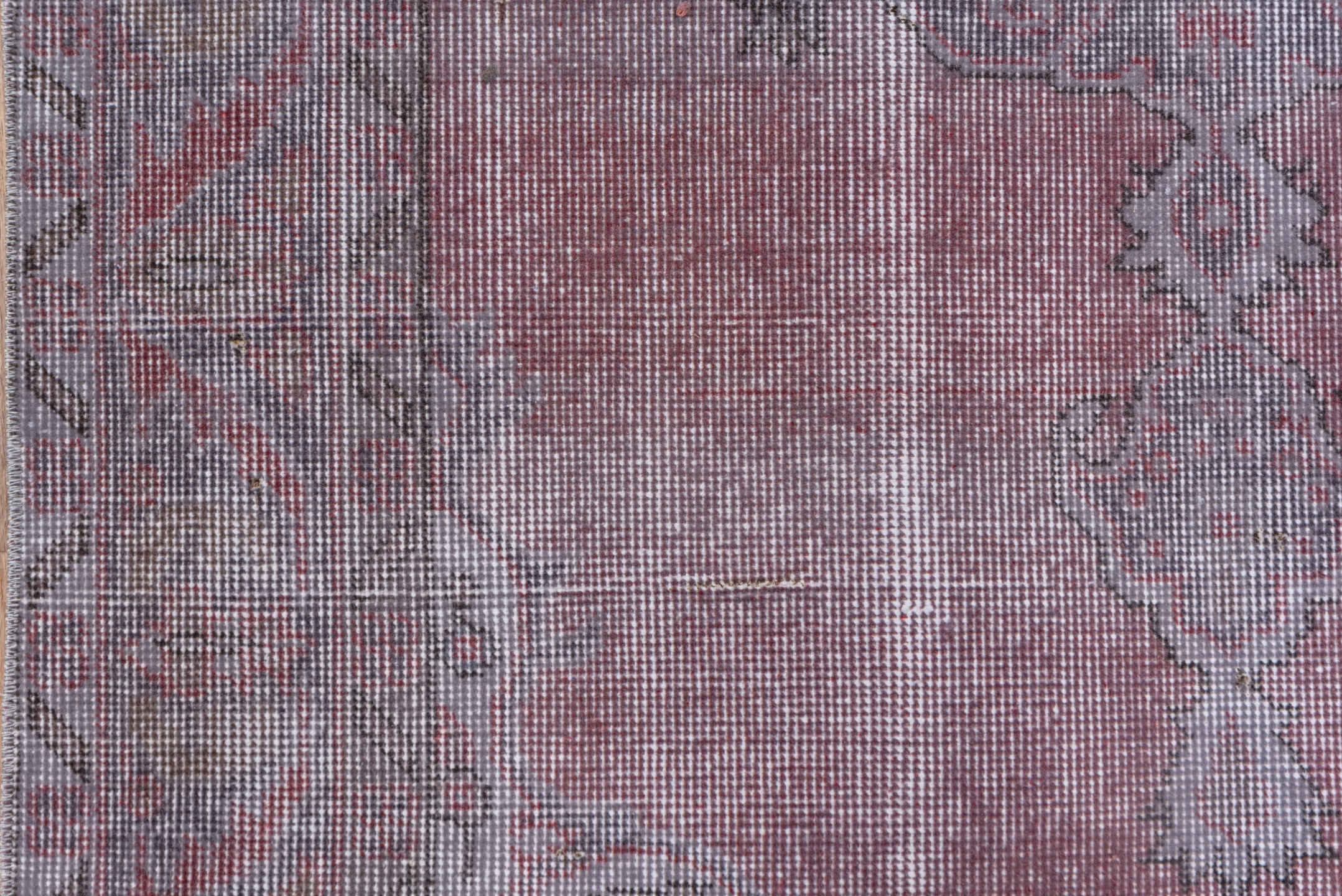 3' x 7' one-of-a-kind handmade vintage Overdyed rug. Color palette: dark gray, gray, light gray, off-white, pink