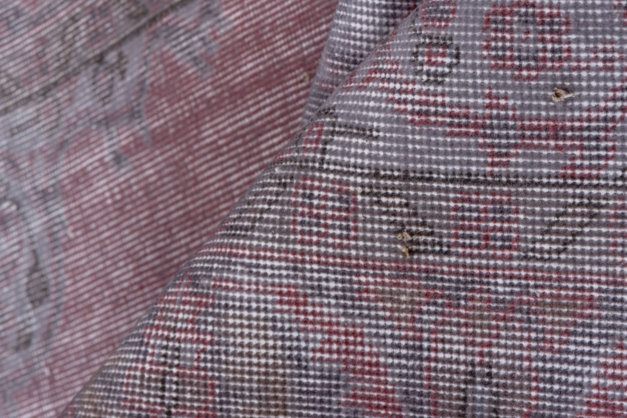 3' x 7' one-of-a-kind handmade vintage Overdyed rug. Color palette: dark gray, gray, light gray, off-white, pink