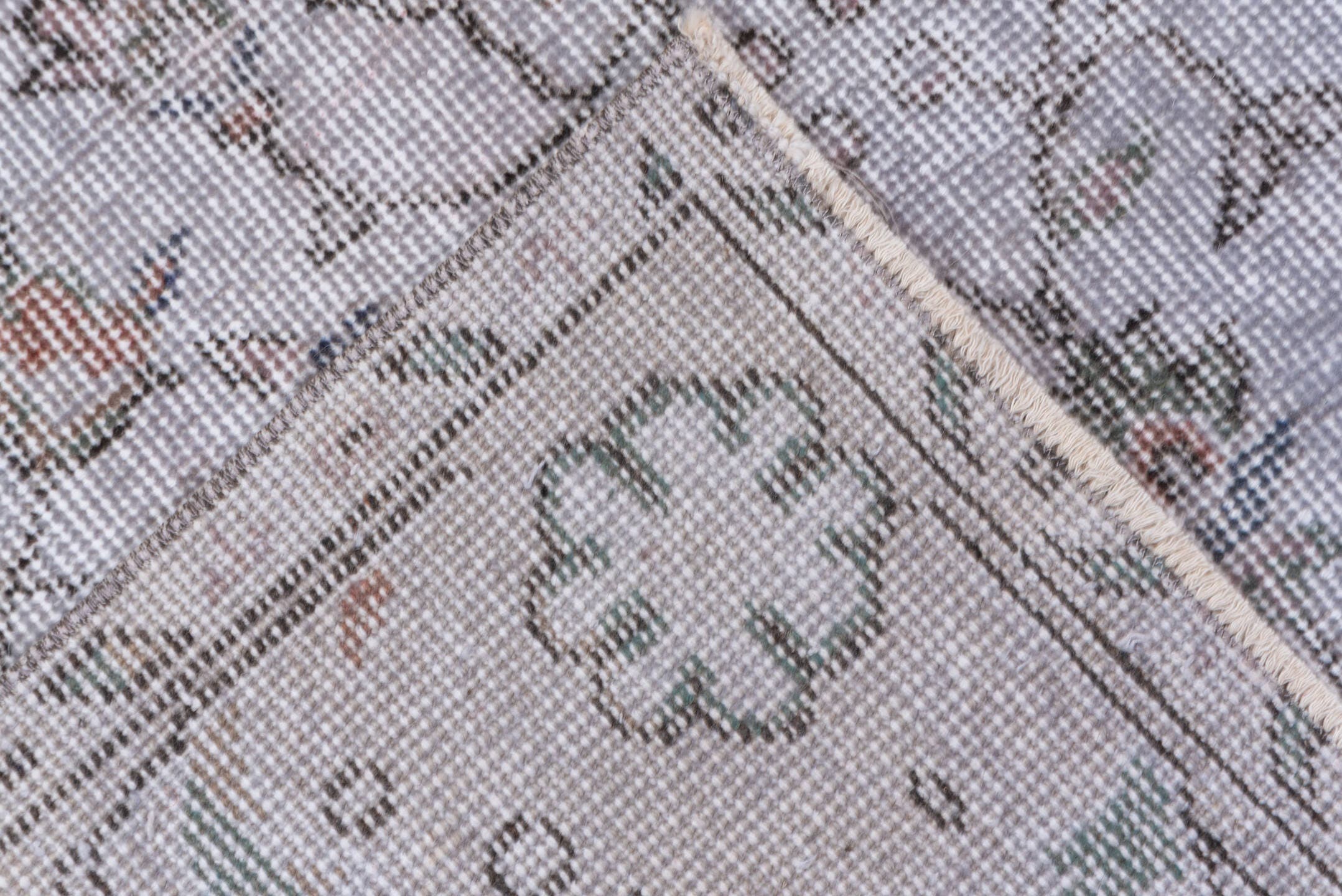 5' x 9' one-of-a-kind handmade antique Sparta medium size rug. Color palette: ivory, taupe, sage, rose, slate, beige, gray
