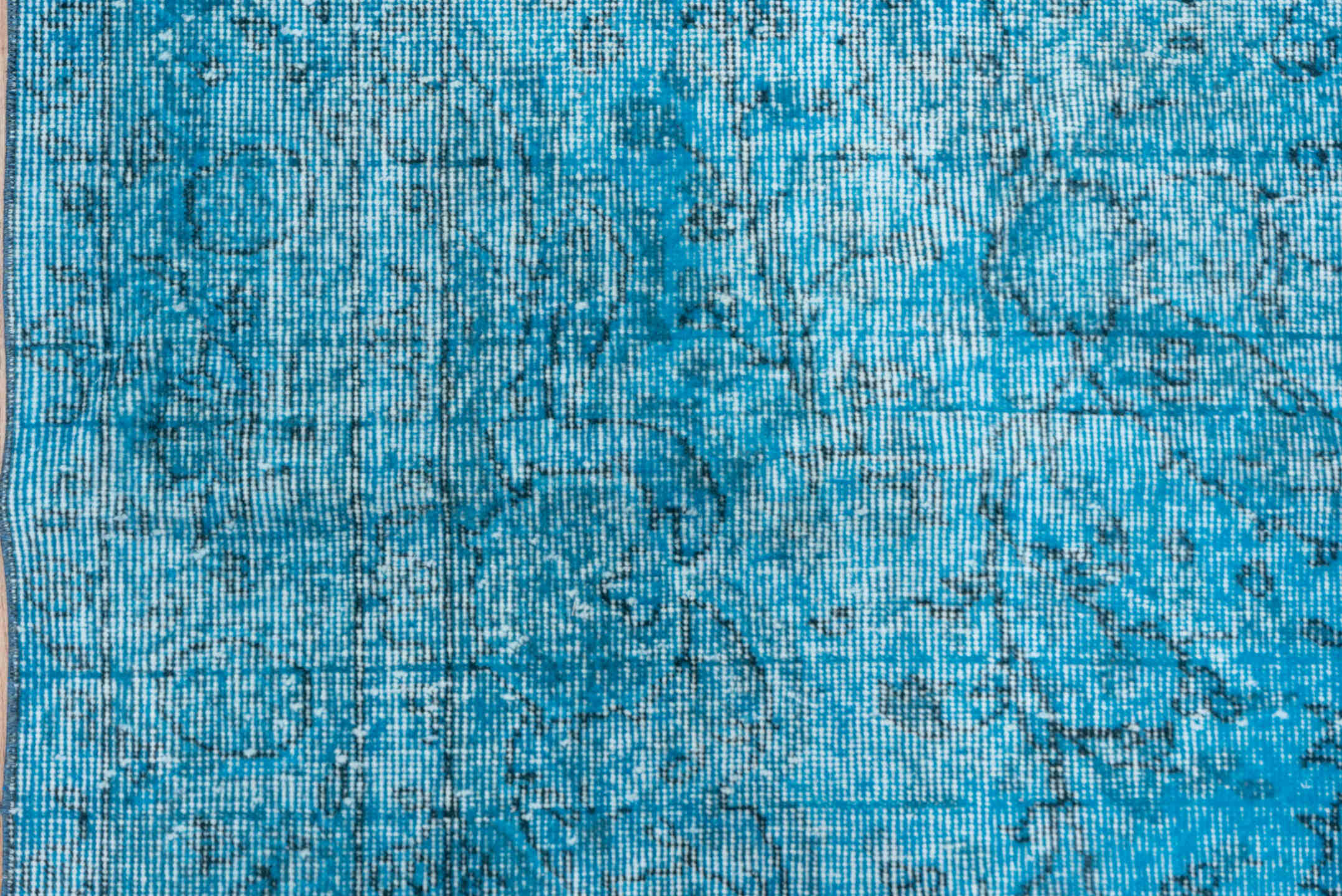 5' x 9' one-of-a-kind handmade antique Overdyed medium size rug. Color palette: turquoise, aqua, teal, ivory, charcoal, gray