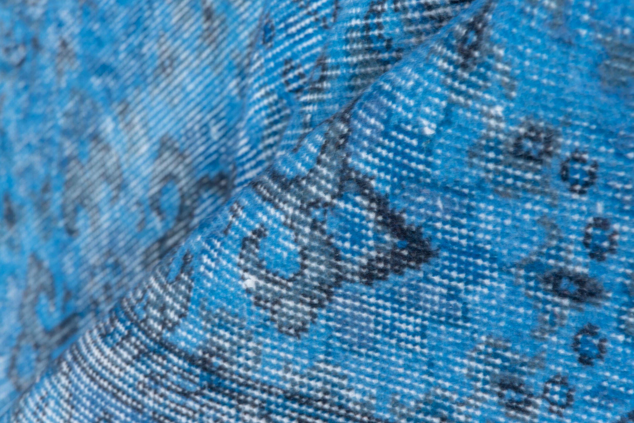 5' x 9' one-of-a-kind handmade antique Overdyed medium size rug. Color palette: sky blue, azure, slate, charcoal, ivory