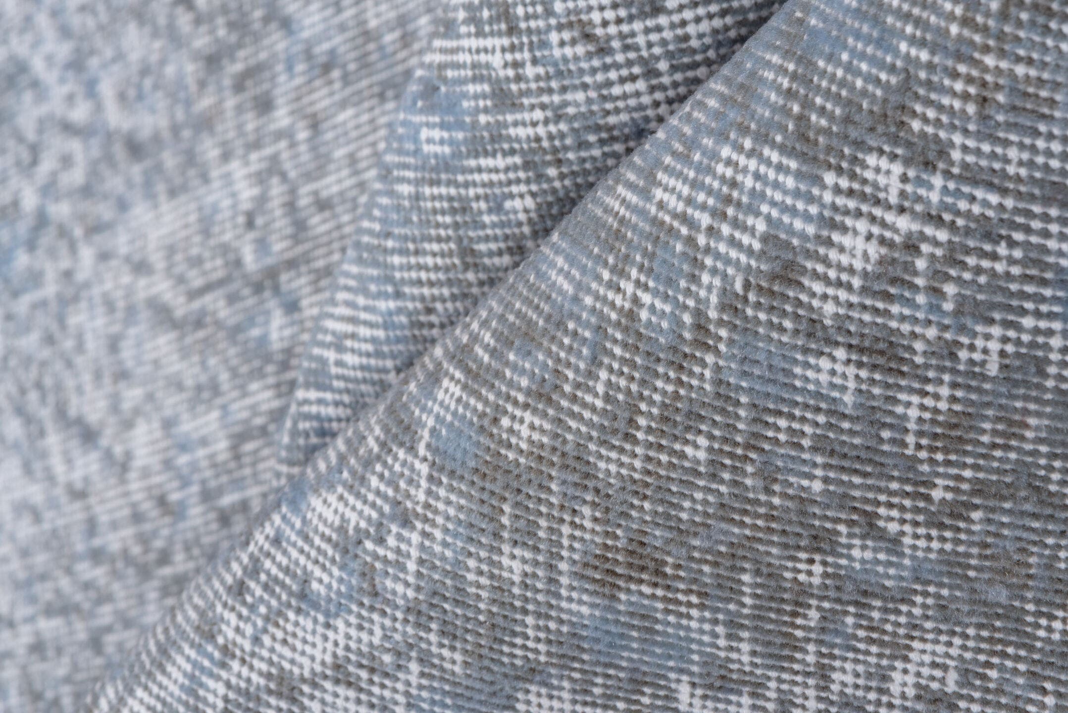6' x 9' one-of-a-kind handmade antique Overdyed medium size rug. Color palette: ivory, pale blue, silver, taupe, gray