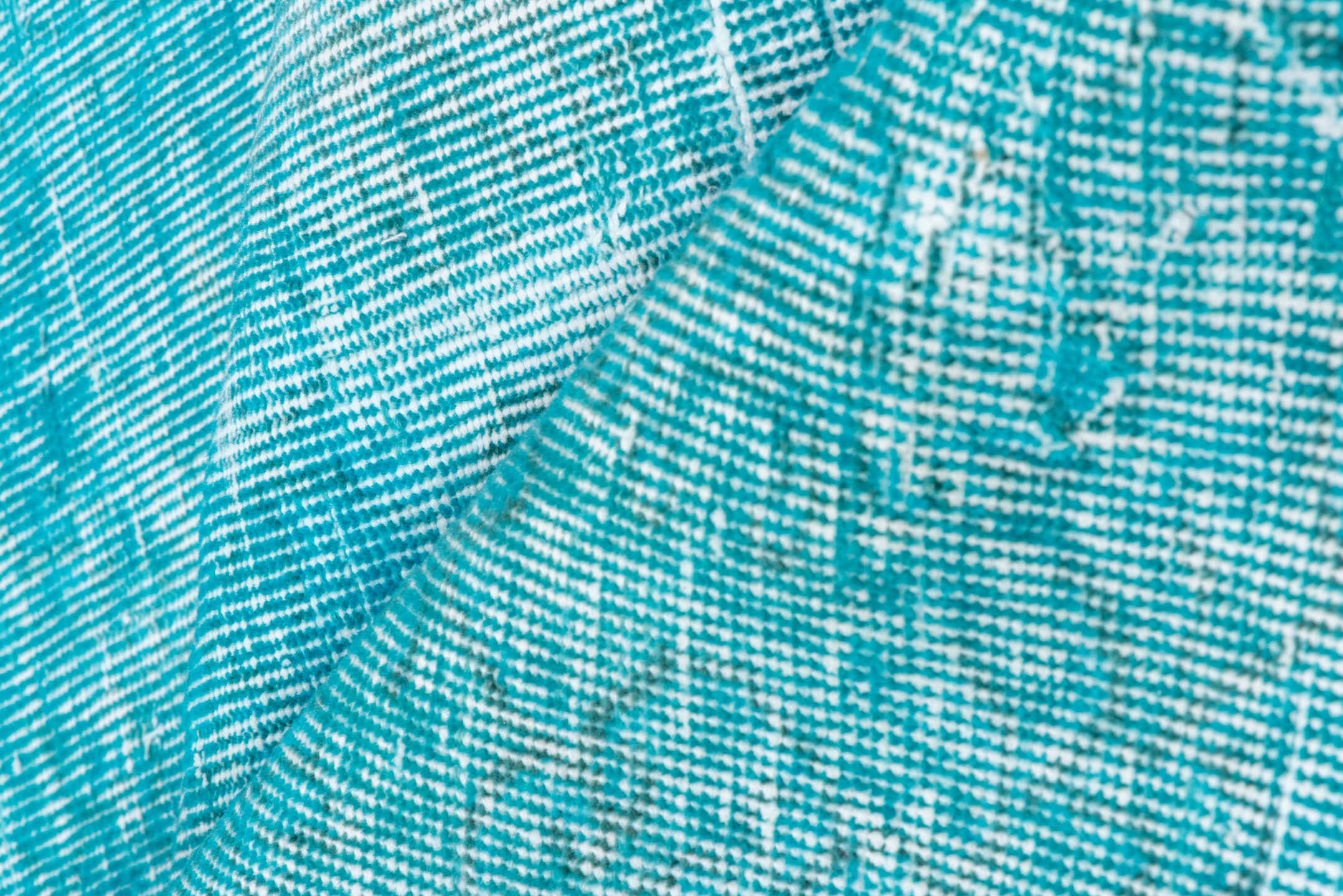 5' x 7' one-of-a-kind handmade antique Overdyed rug. Color palette: aqua, turquoise, ivory, teal
