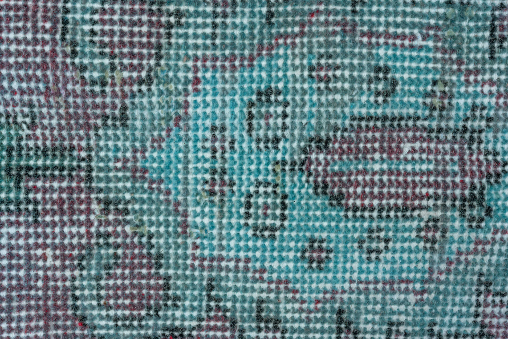 5' x 9' one-of-a-kind handmade antique Overdyed medium size rug. Color palette: turquoise, aqua, lavender, charcoal, teal