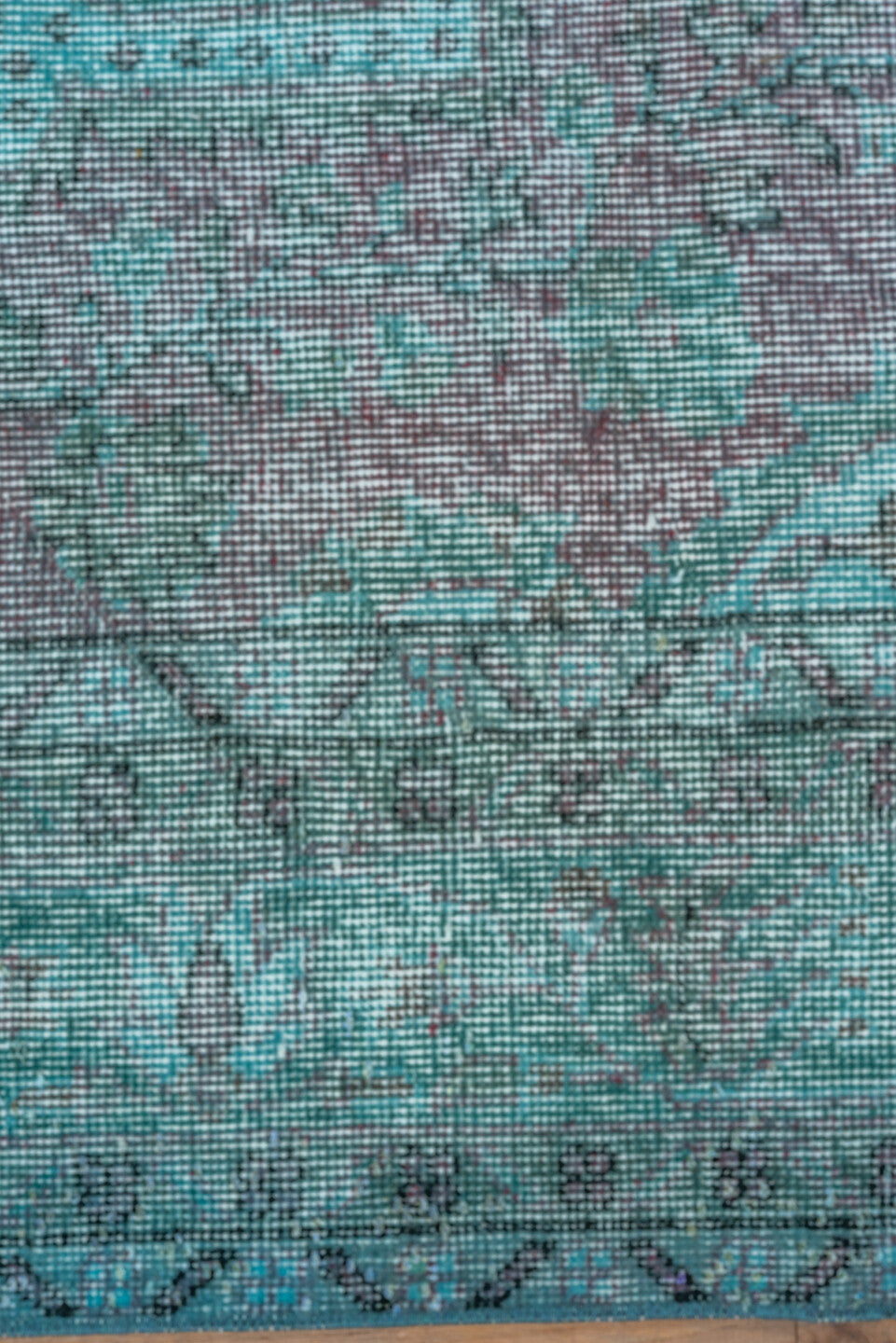 5' x 9' one-of-a-kind handmade antique Overdyed medium size rug. Color palette: turquoise, aqua, lavender, charcoal, teal