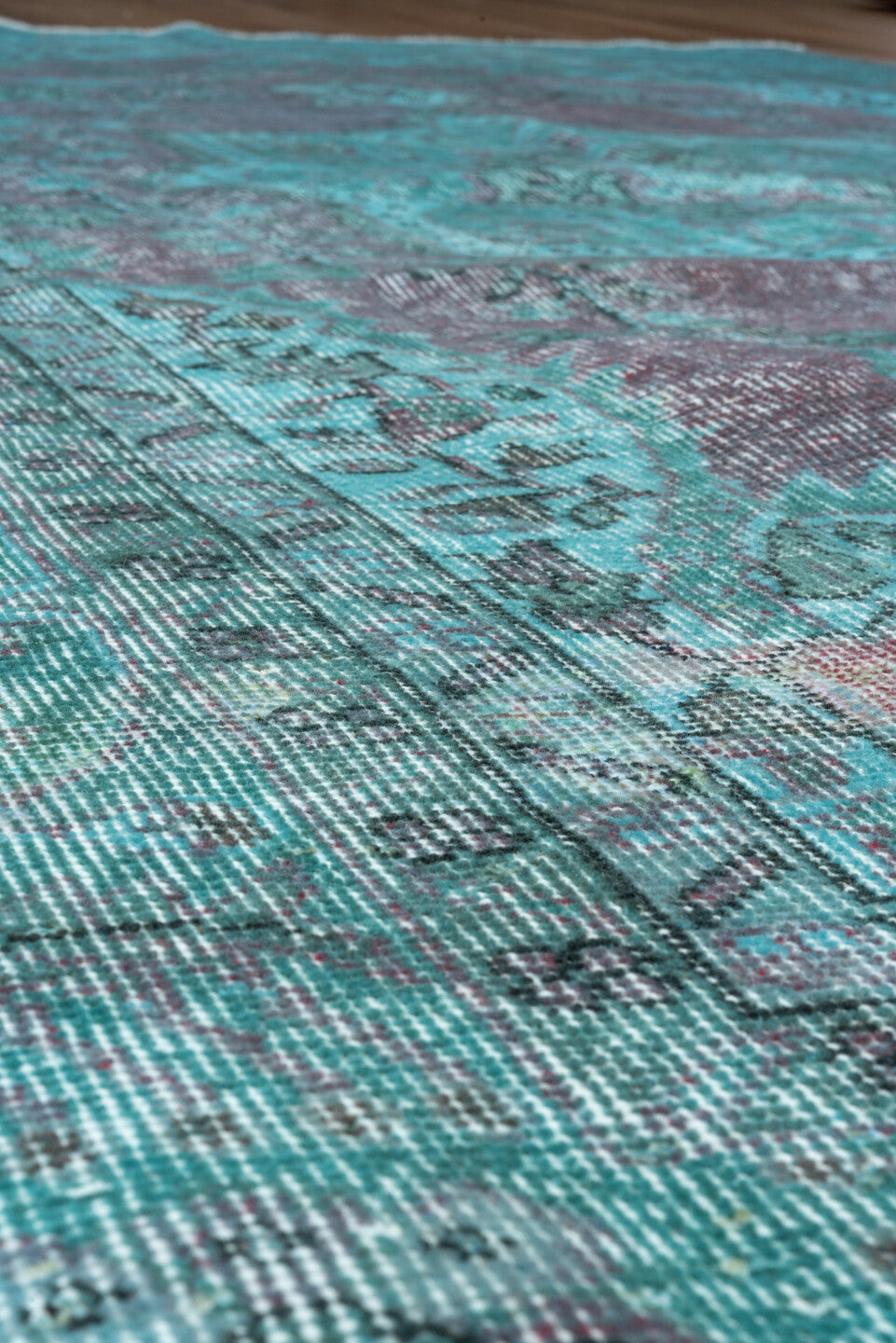 5' x 9' one-of-a-kind handmade antique Overdyed medium size rug. Color palette: turquoise, aqua, lavender, charcoal, teal