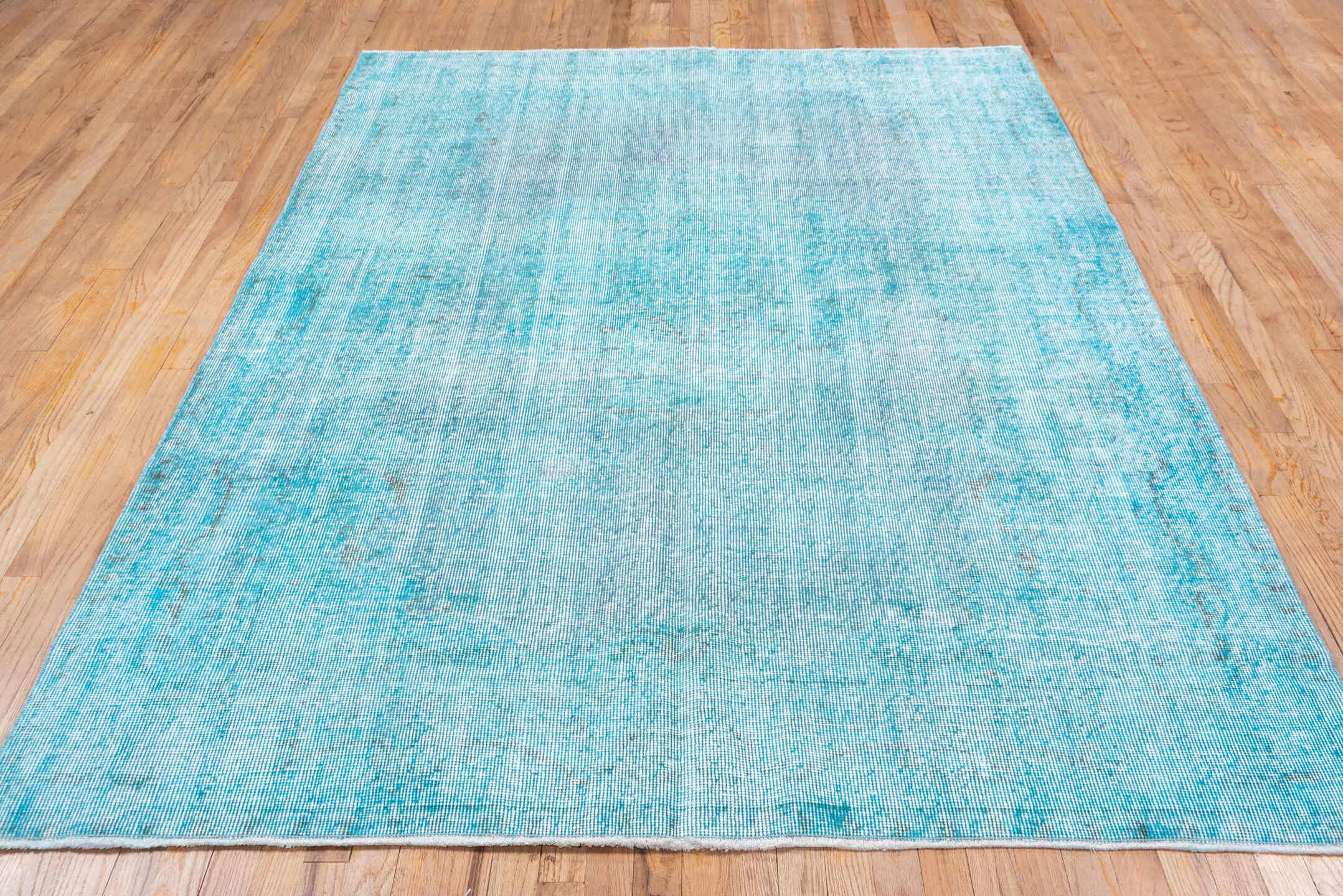 6' x 8' one-of-a-kind handmade antique Overdyed medium size rug. Color palette: aqua, ivory, sky blue, teal, light blue