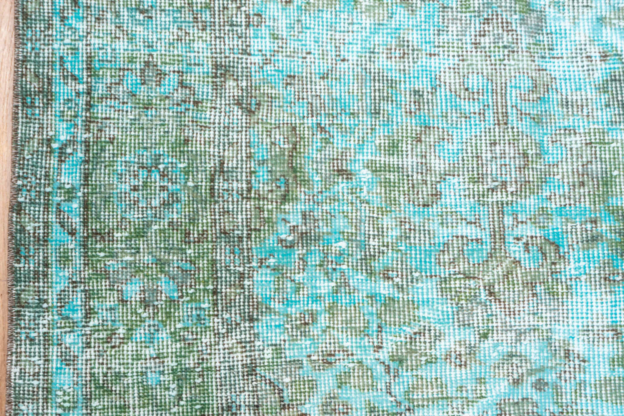 5' x 9' one-of-a-kind handmade antique Overdyed medium size rug. Color palette: aqua, ivory, sage, taupe, seafoam, pale gray