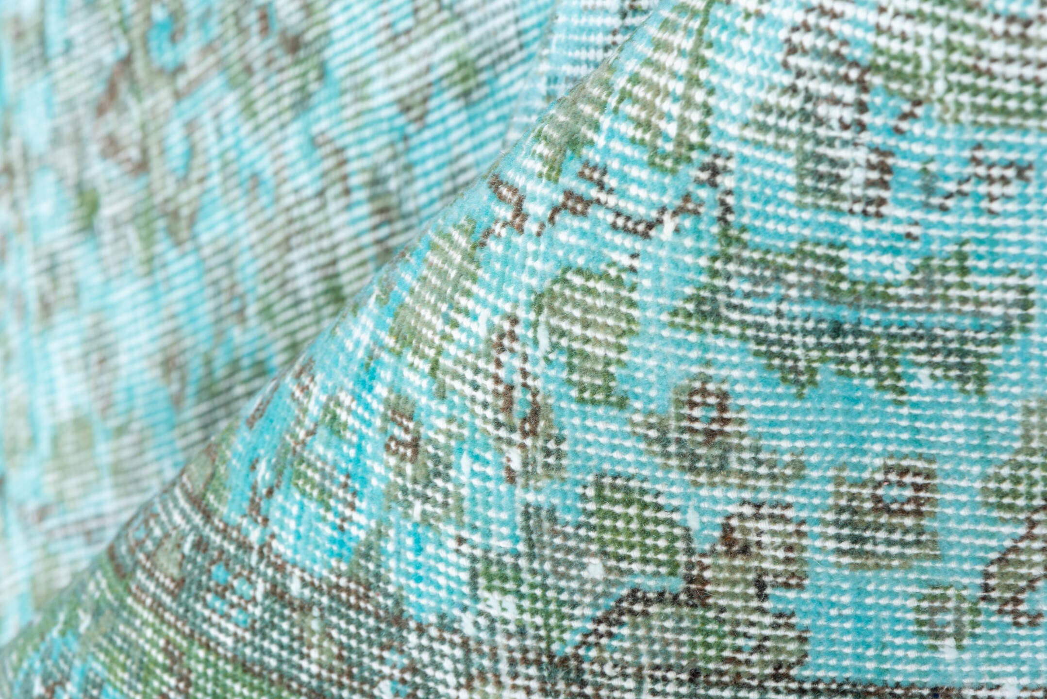5' x 9' one-of-a-kind handmade antique Overdyed medium size rug. Color palette: aqua, ivory, sage, taupe, seafoam, pale gray
