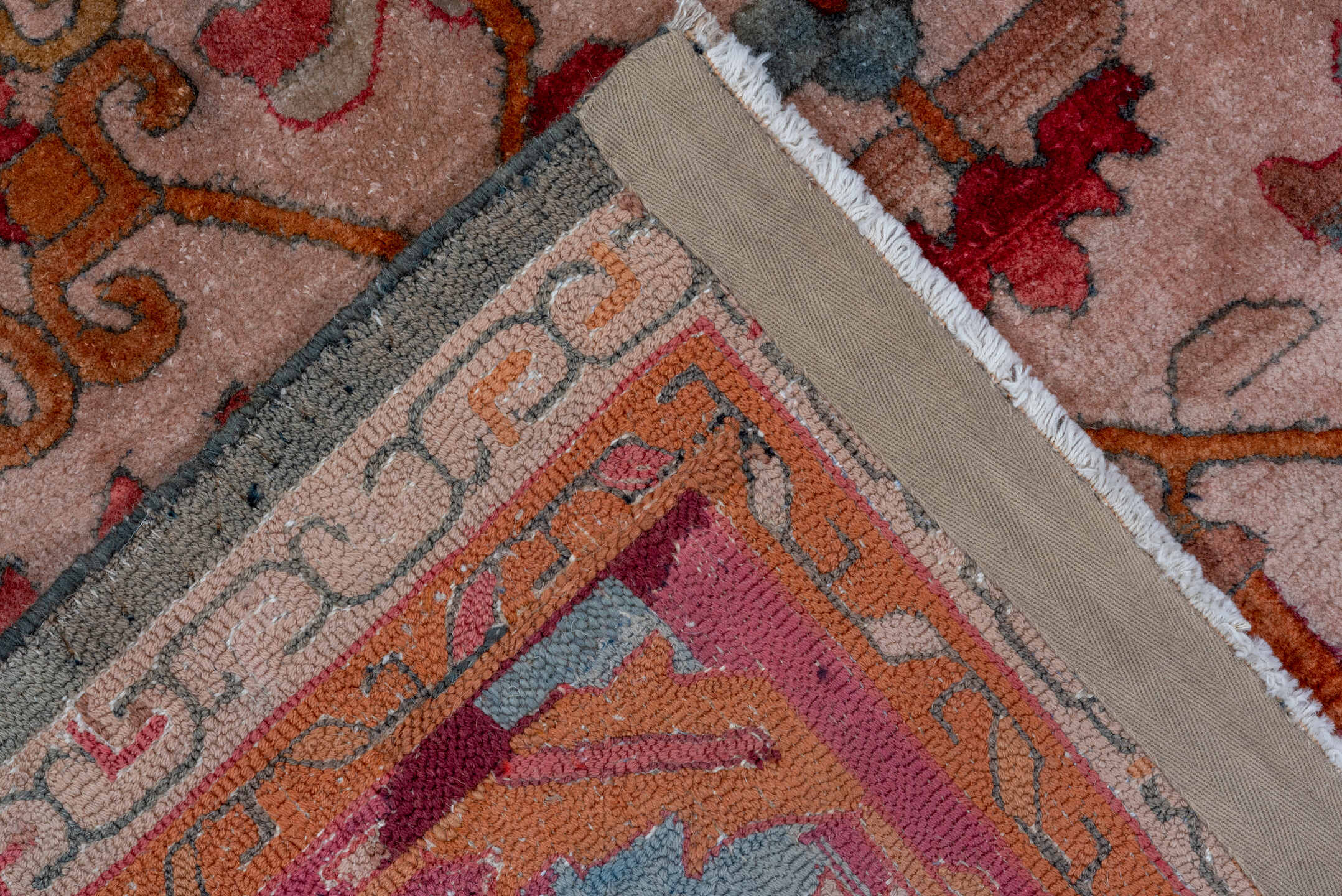 6' x 10' one-of-a-kind handmade antique Hooked large size rug. Color palette: rose, rust, coral, ivory, muted blue