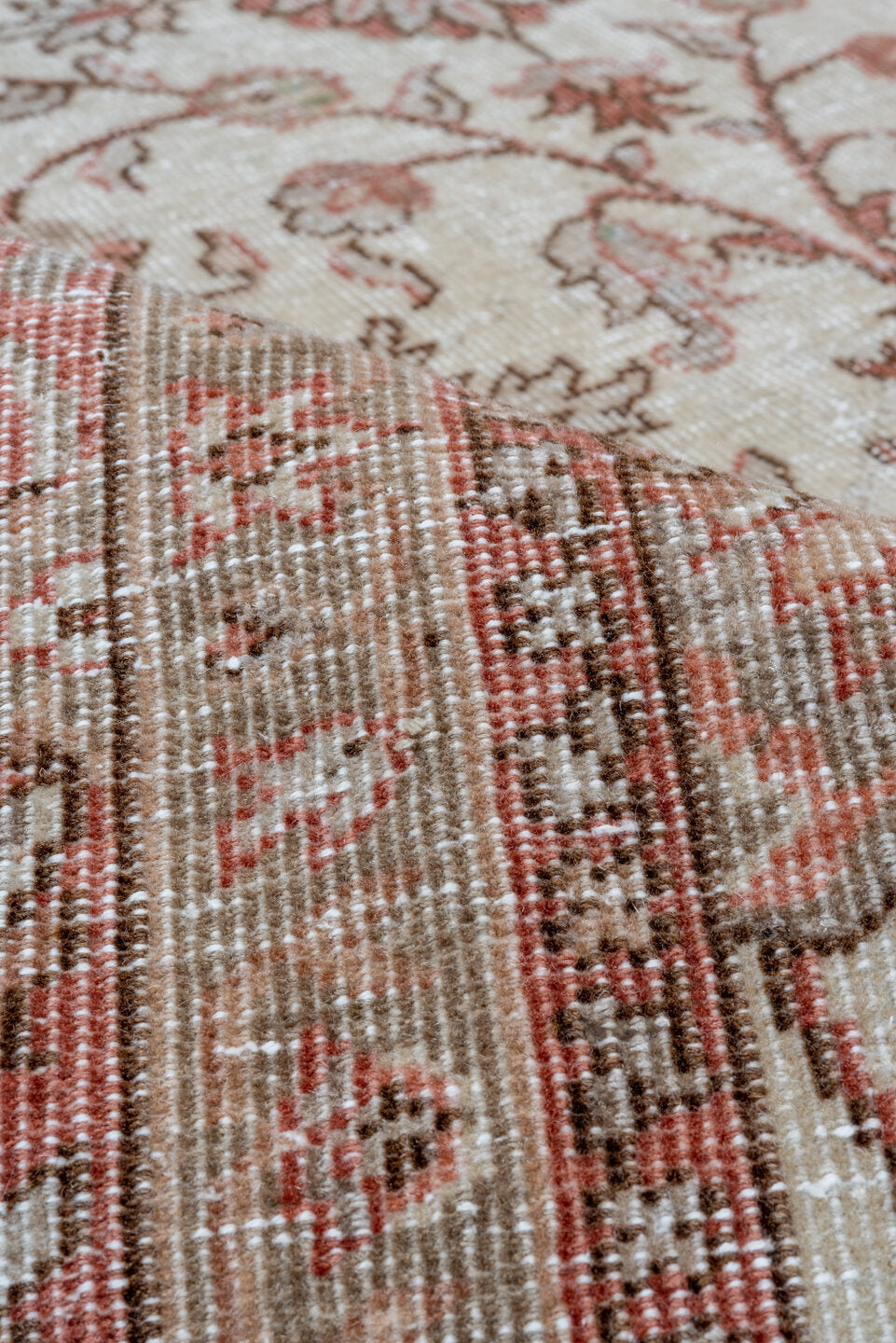 6' x 9' one-of-a-kind handmade vintage Sparta medium size rug. Color palette: brown, gray, light gray, off-white, pink