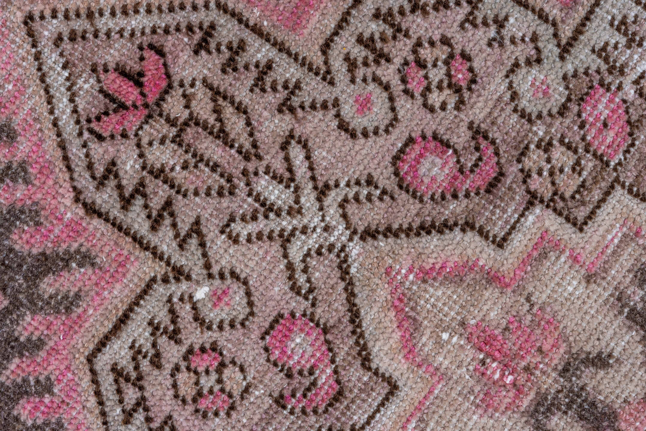 6' x 13' one-of-a-kind handmade vintage Khotan large size rug. Color palette: brown, gray, light gray, off-white, pink
