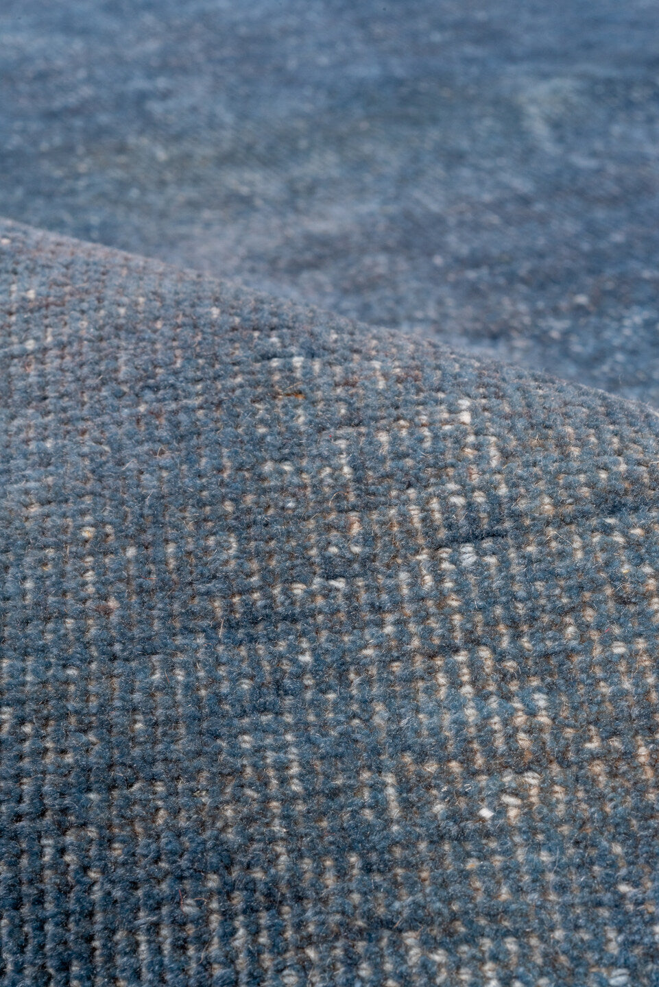 5' x 7' one-of-a-kind handmade vintage Overdyed rug. Color palette: blue, dark gray, fiord, gray, light blue, light gray