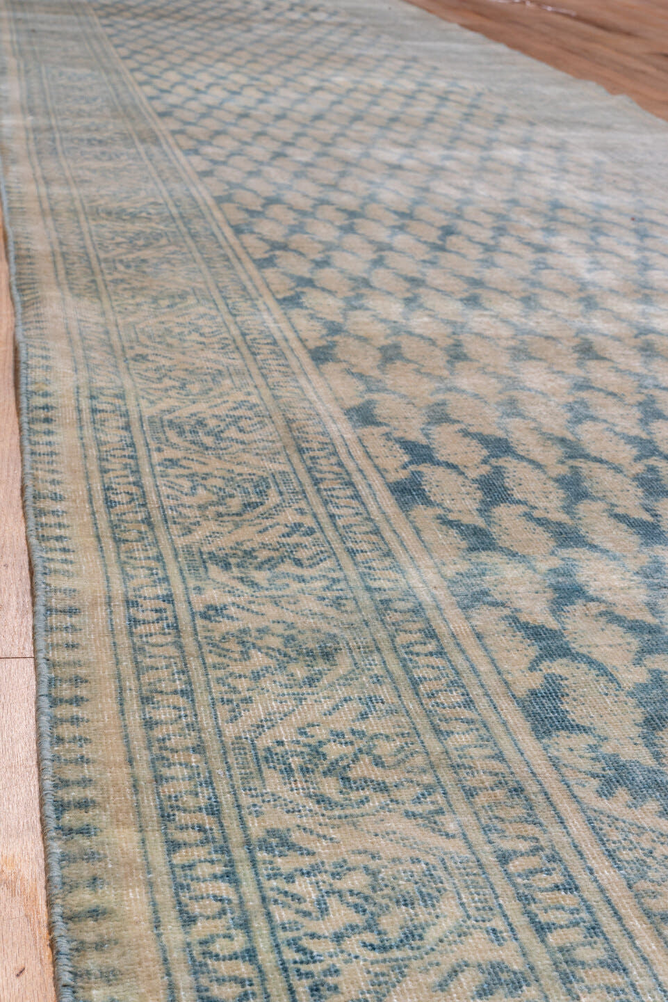 3' x 17' one-of-a-kind handmade antique Sivas runner rug. Color palette: ivory, pale blue, sky blue, beige, taupe