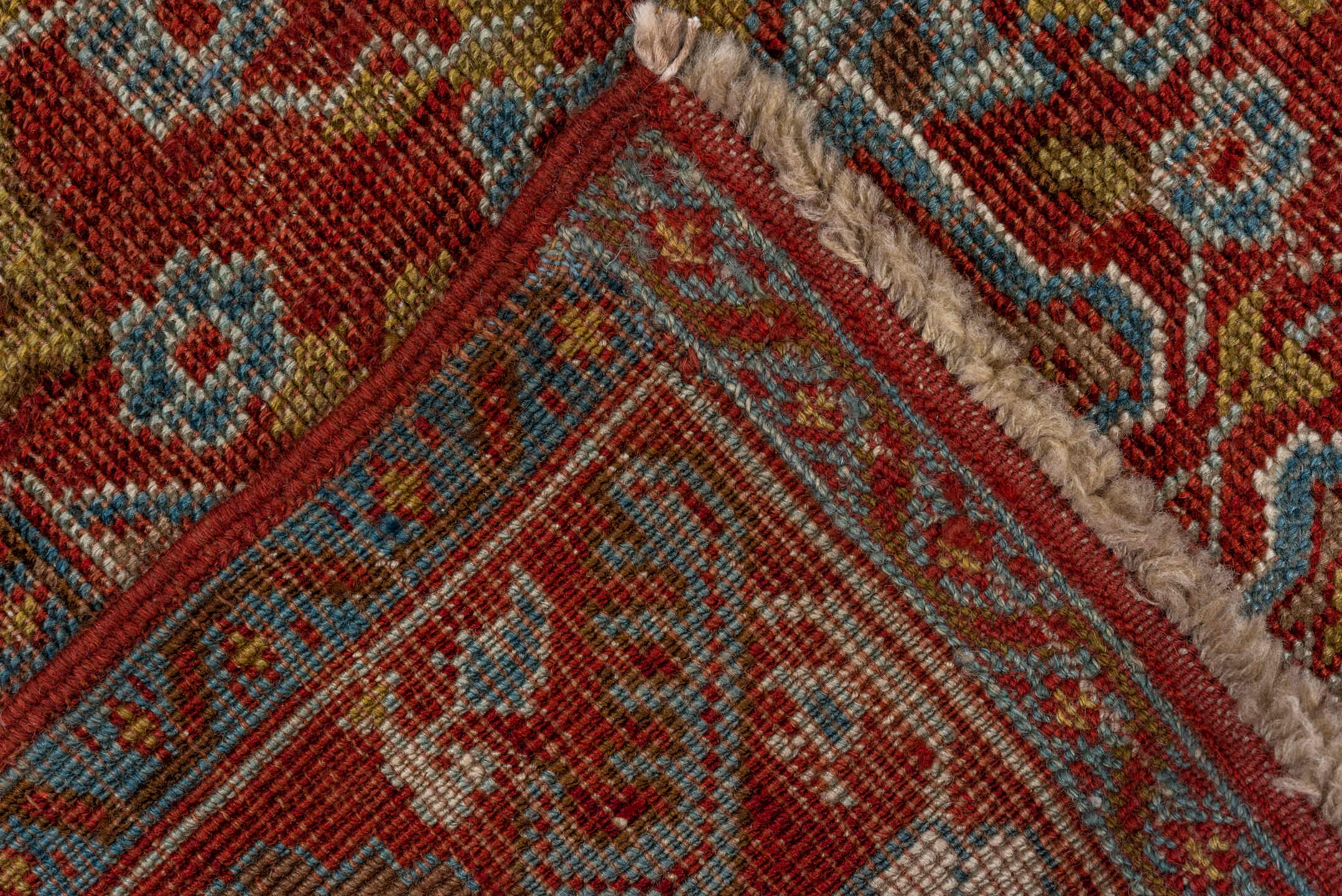 5' x 9' one-of-a-kind handmade antique Karabagh medium size rug. Color palette: turquoise, rust, ivory, terra cotta, gold