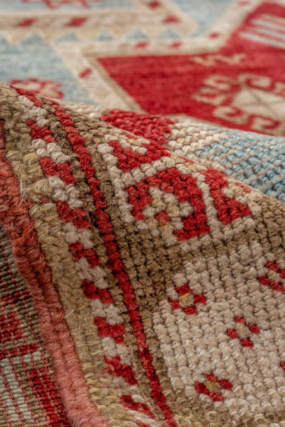 3' x 7' one-of-a-kind handmade antique Caucasian runner rug. Color palette: ivory, sky blue, rust, beige, camel, crimson