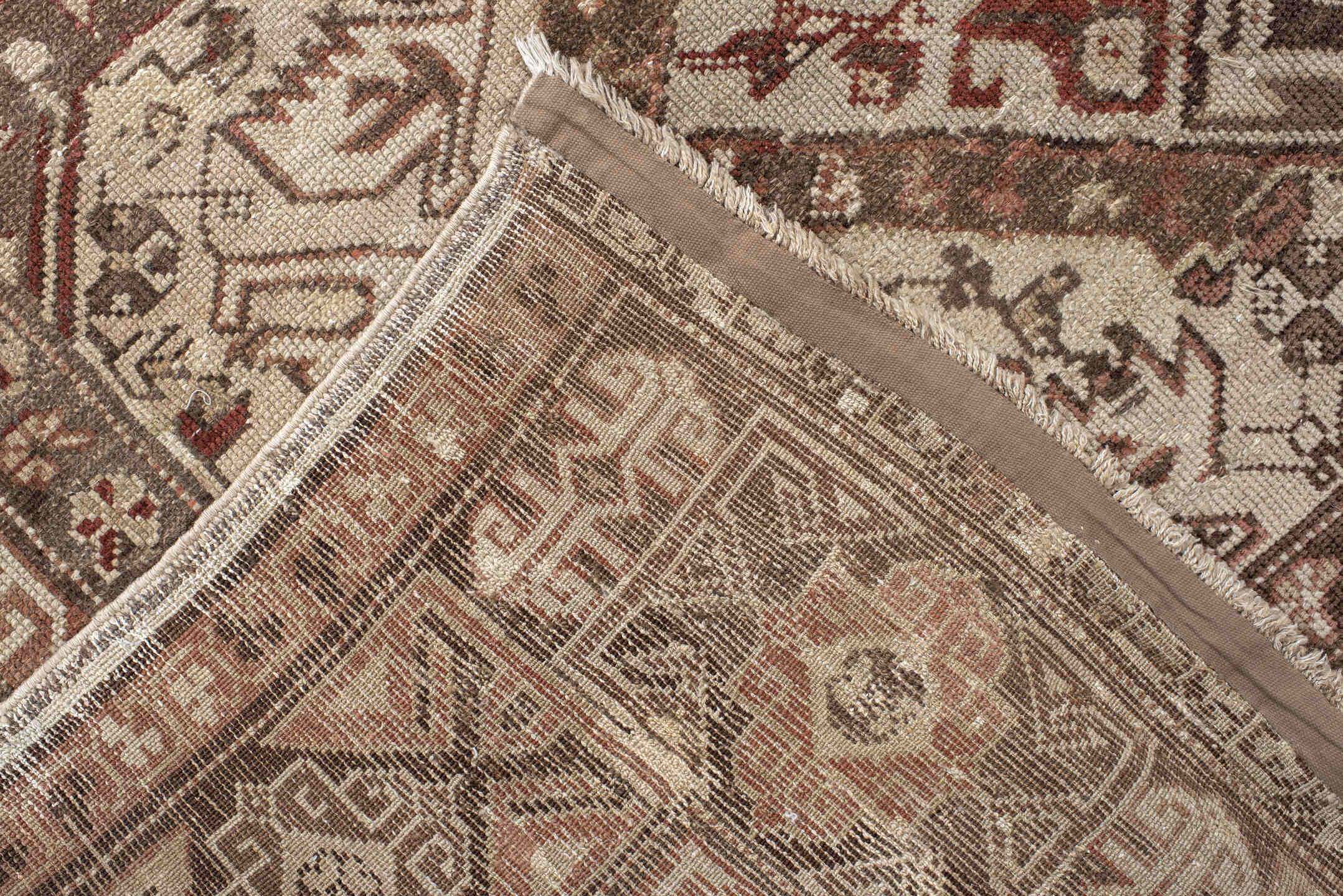 5' x 10' one-of-a-kind handmade vintage Caucasian medium size rug. Color palette: ivory, taupe, brown, rust, camel, rose